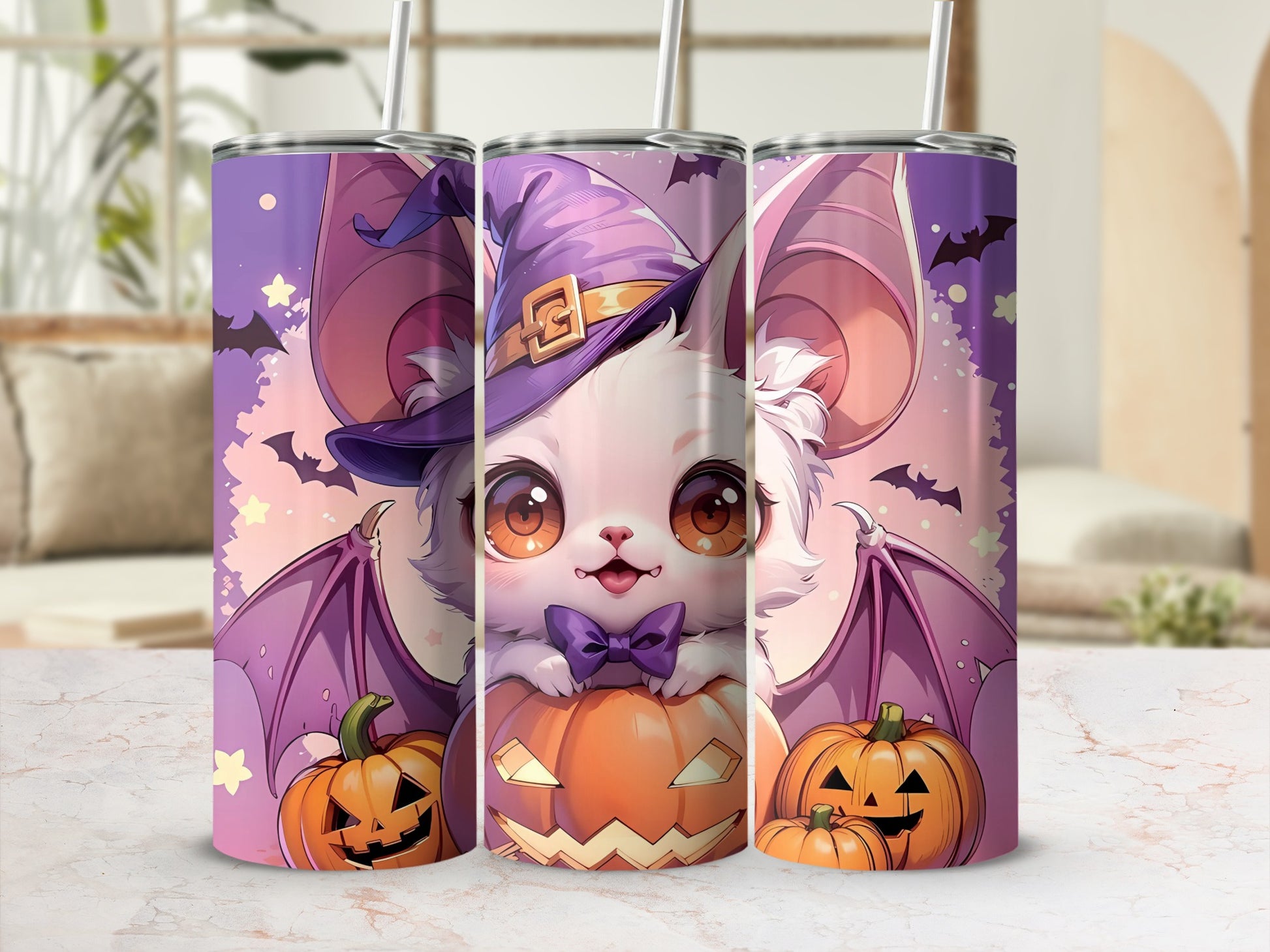 Halloween Bat Cat Witch Design Tumbler Cup for Fall