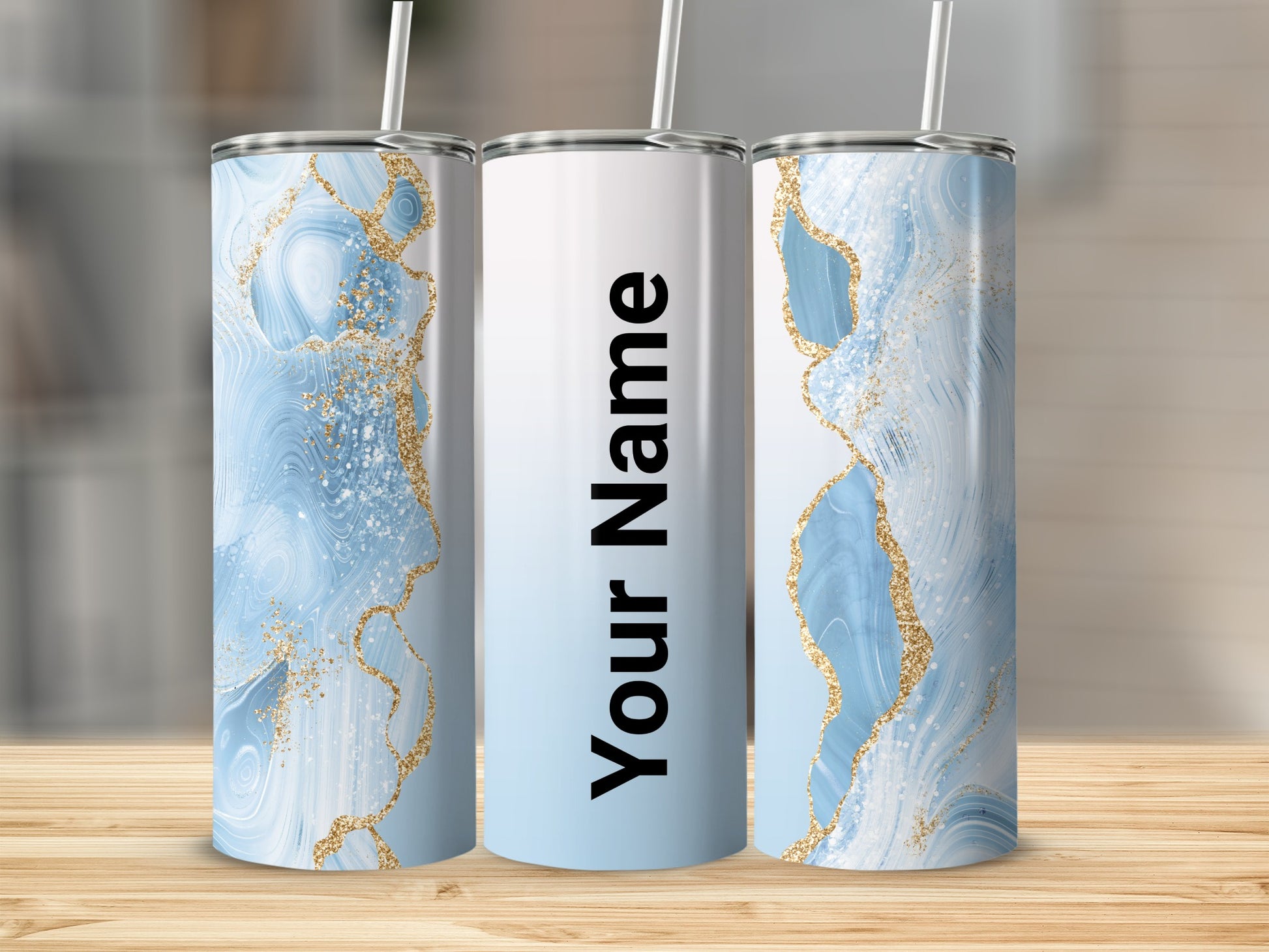 Personalized Blue and Gold Marble Design Tumbler