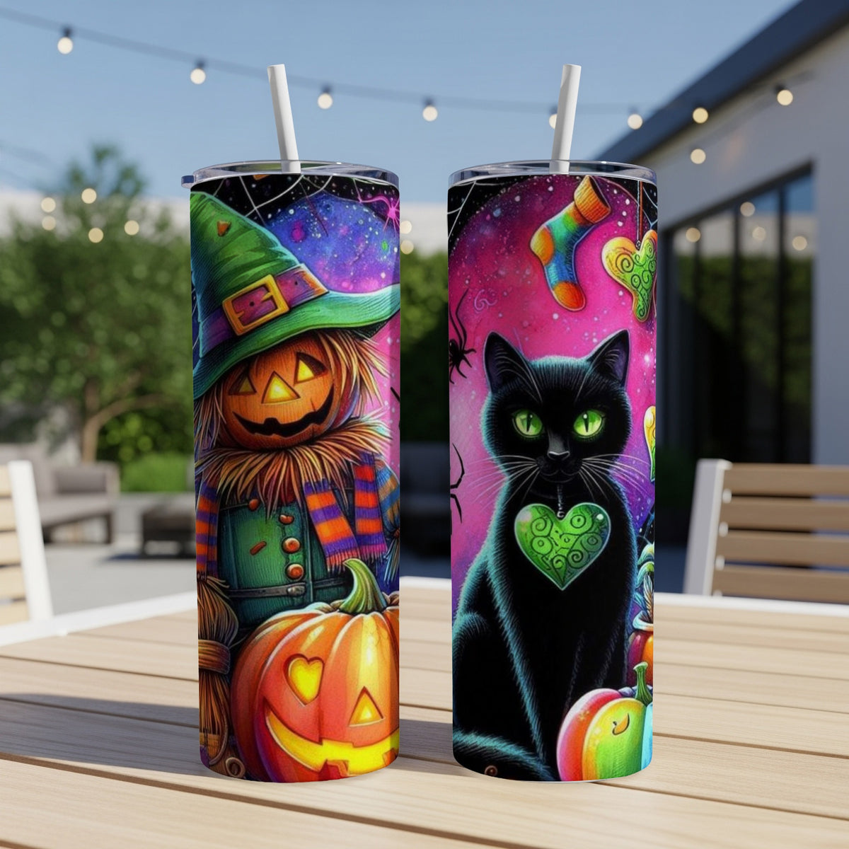 Two Halloween tumblers, one with a scarecrow and pumpkin, the other with a black cat and rainbow pumpkins.