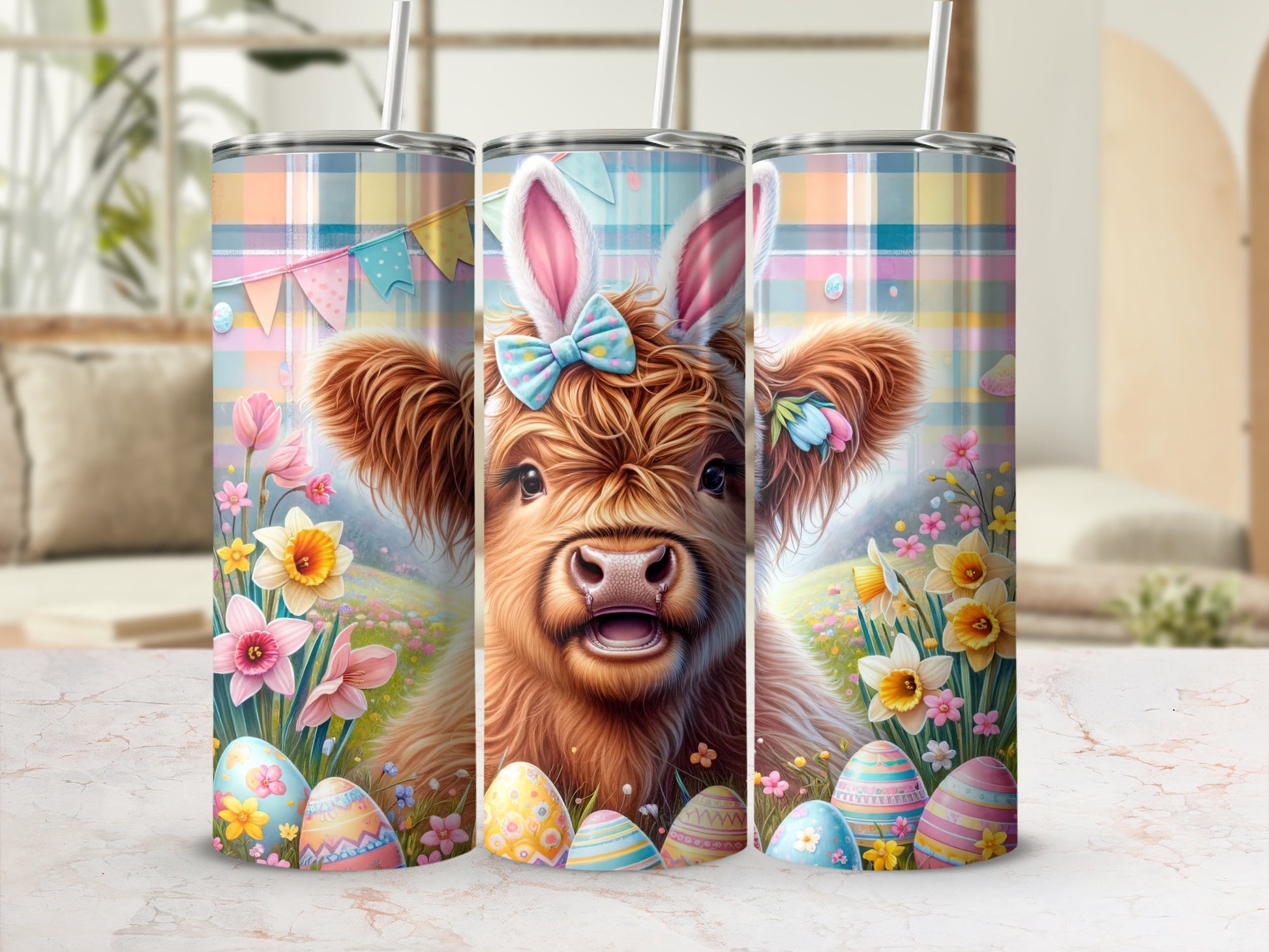 Cow with Easter bunny ears and colorful Easter eggs, pastel plaid background.
