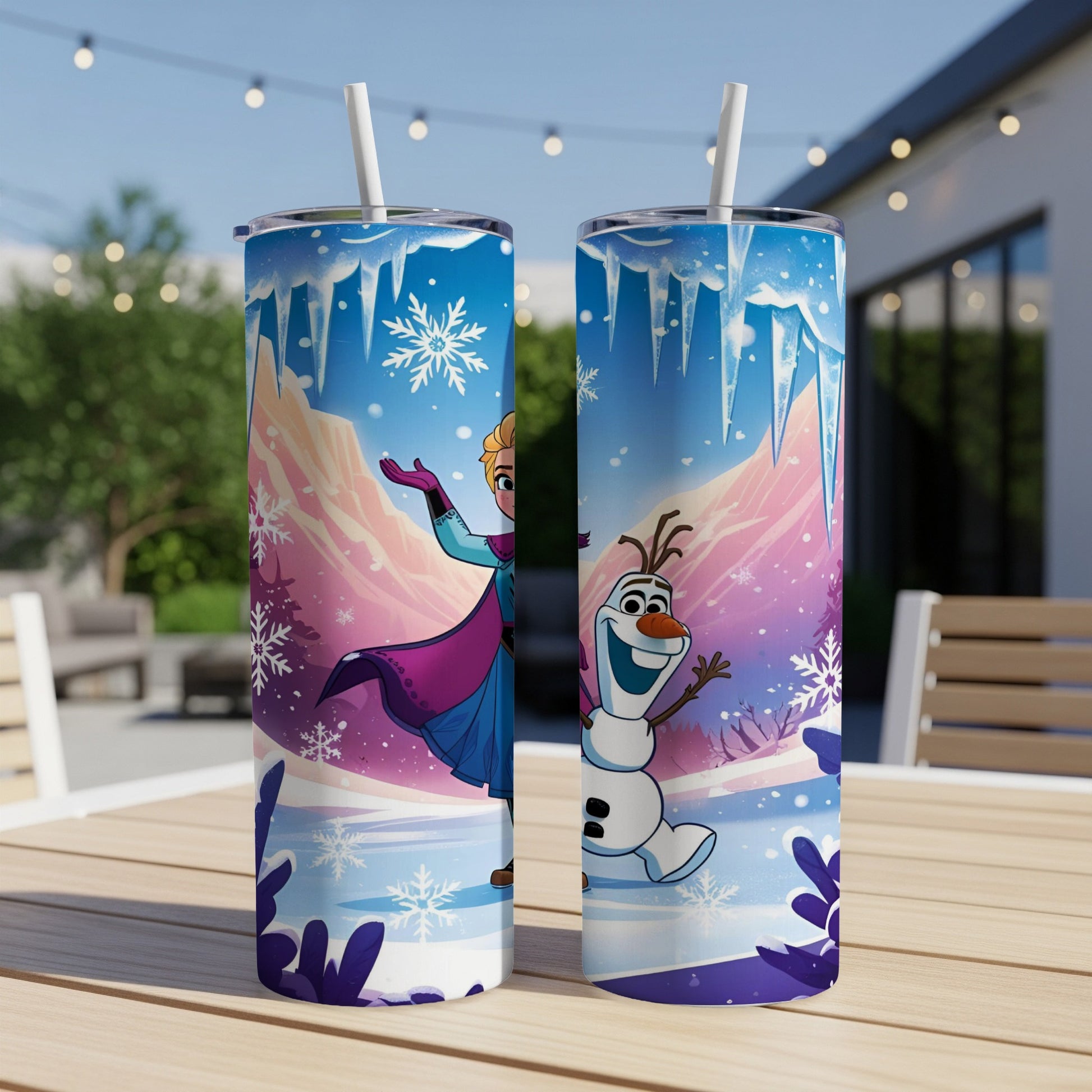 Two tumblers featuring Anna and Olaf from Frozen against a snowy, icy landscape.