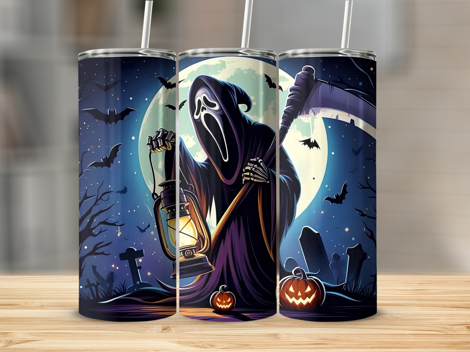 Halloween tumbler featuring grim reaper, moon, bats, pumpkins, and tombstones.