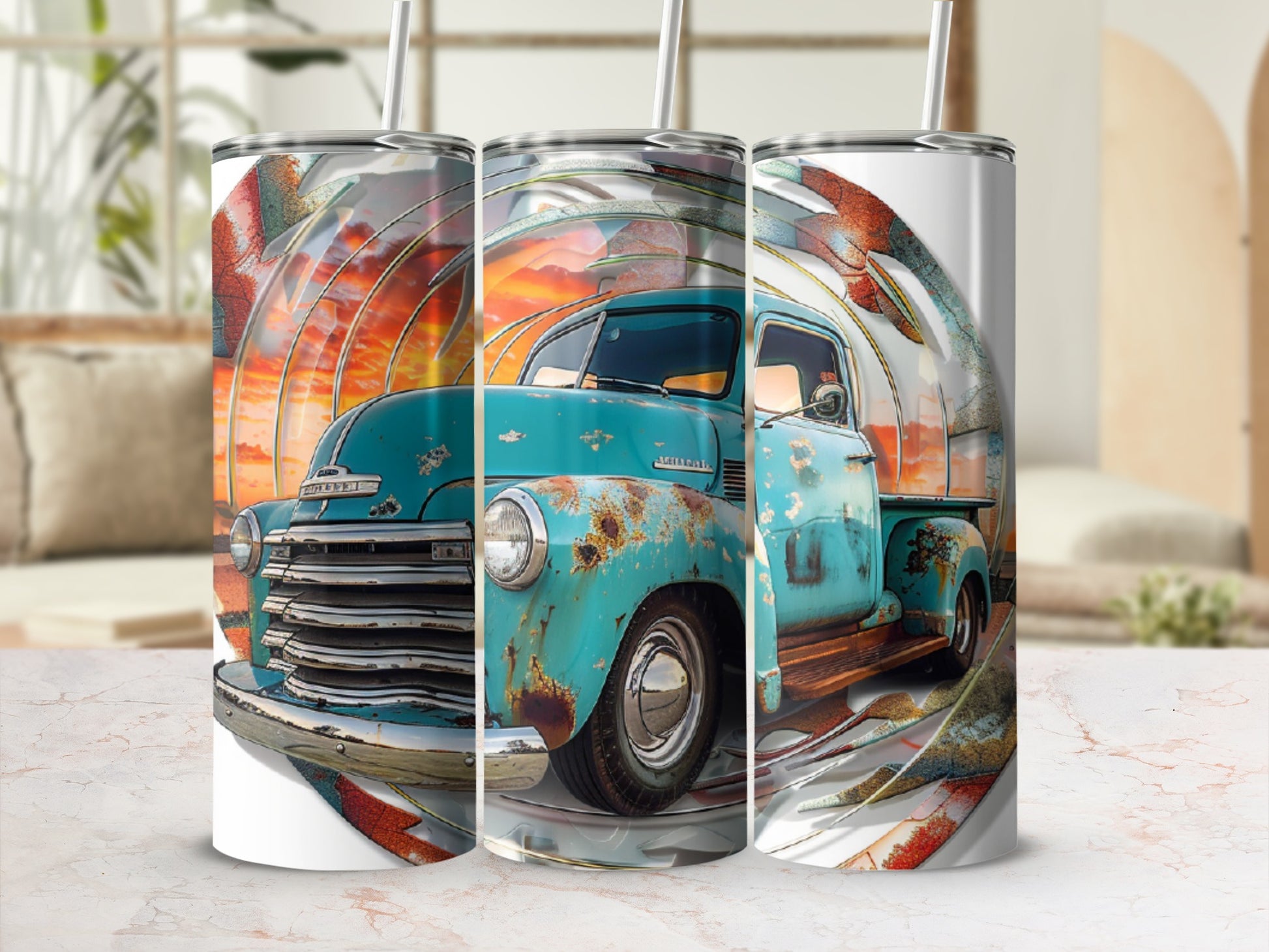 Rusted teal vintage pickup truck against a sunset with concentric circles.
