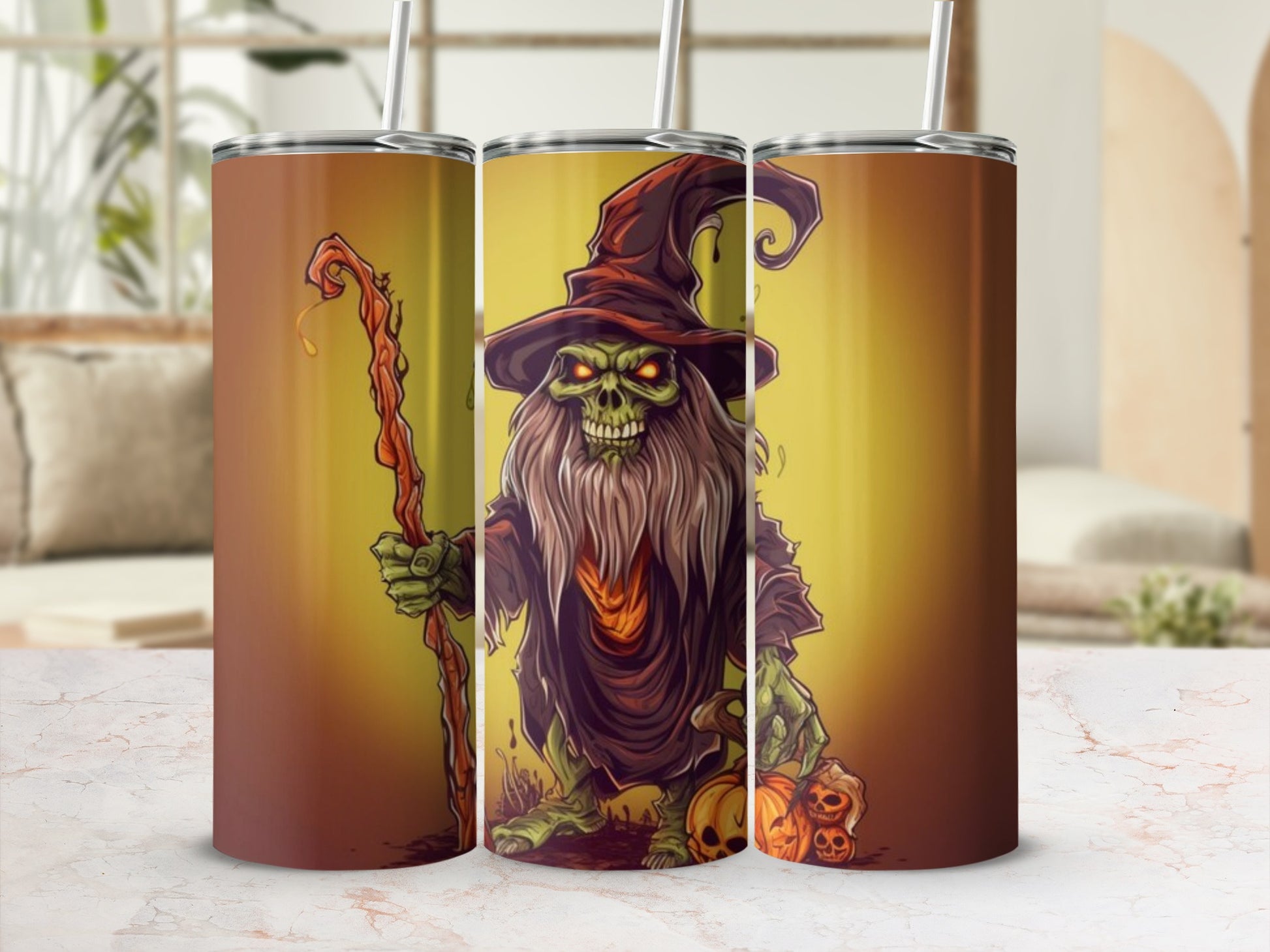 Tumbler with a green, long-bearded monster wearing a witch hat and holding a staff.