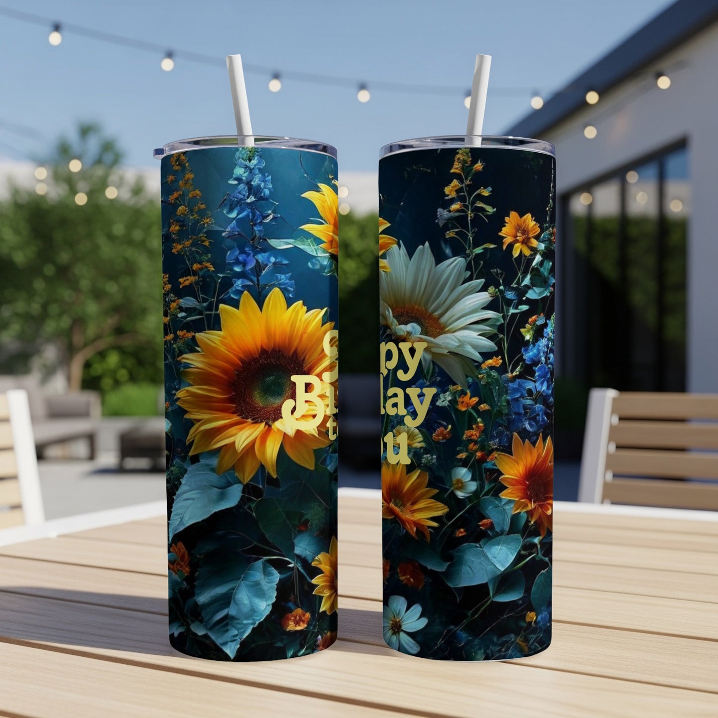 Two tumblers with sunflowers and wildflowers, text reads "Happy Birthday".