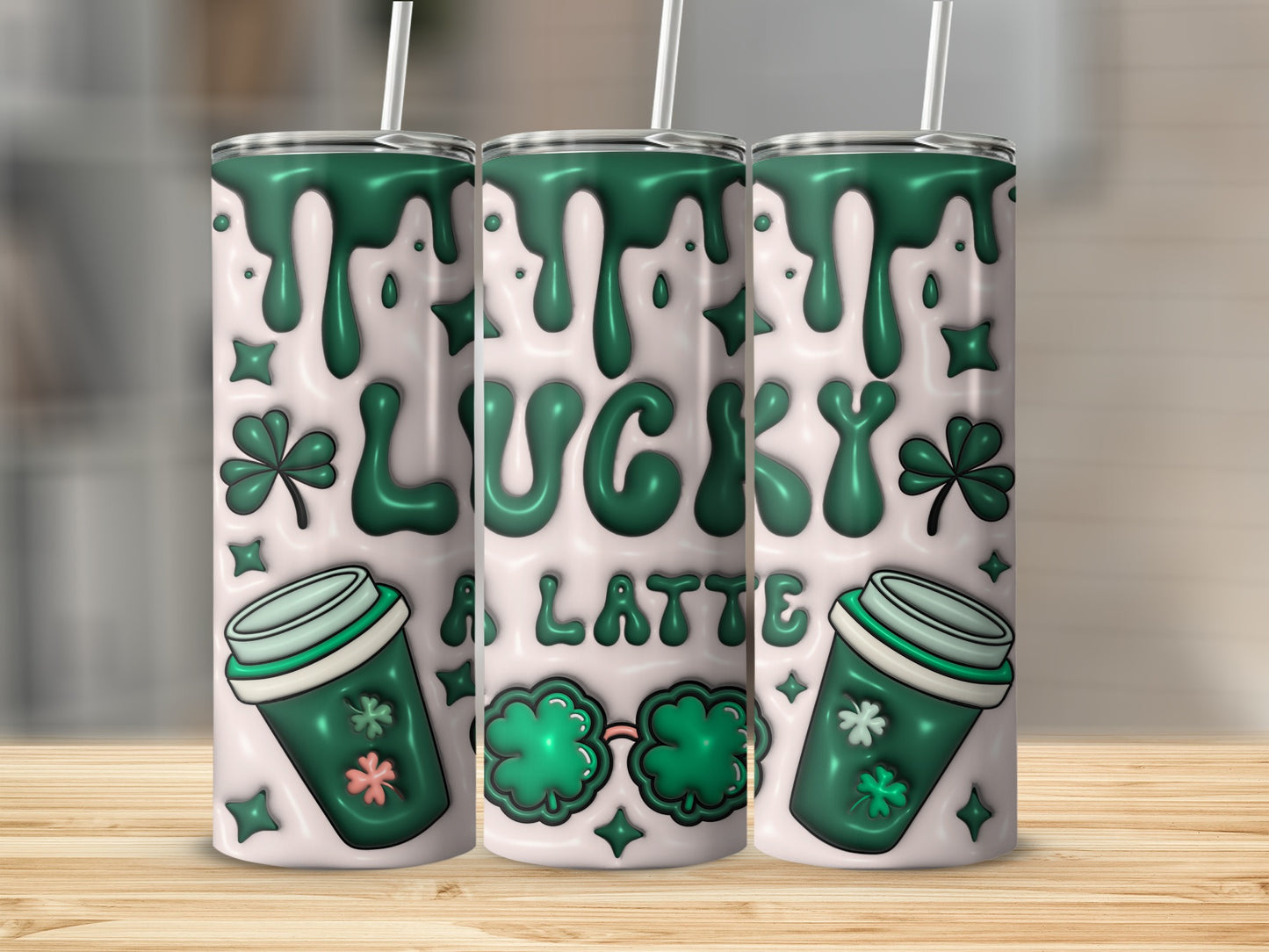 Lucky Latte tumbler with shamrocks and dripping green design.