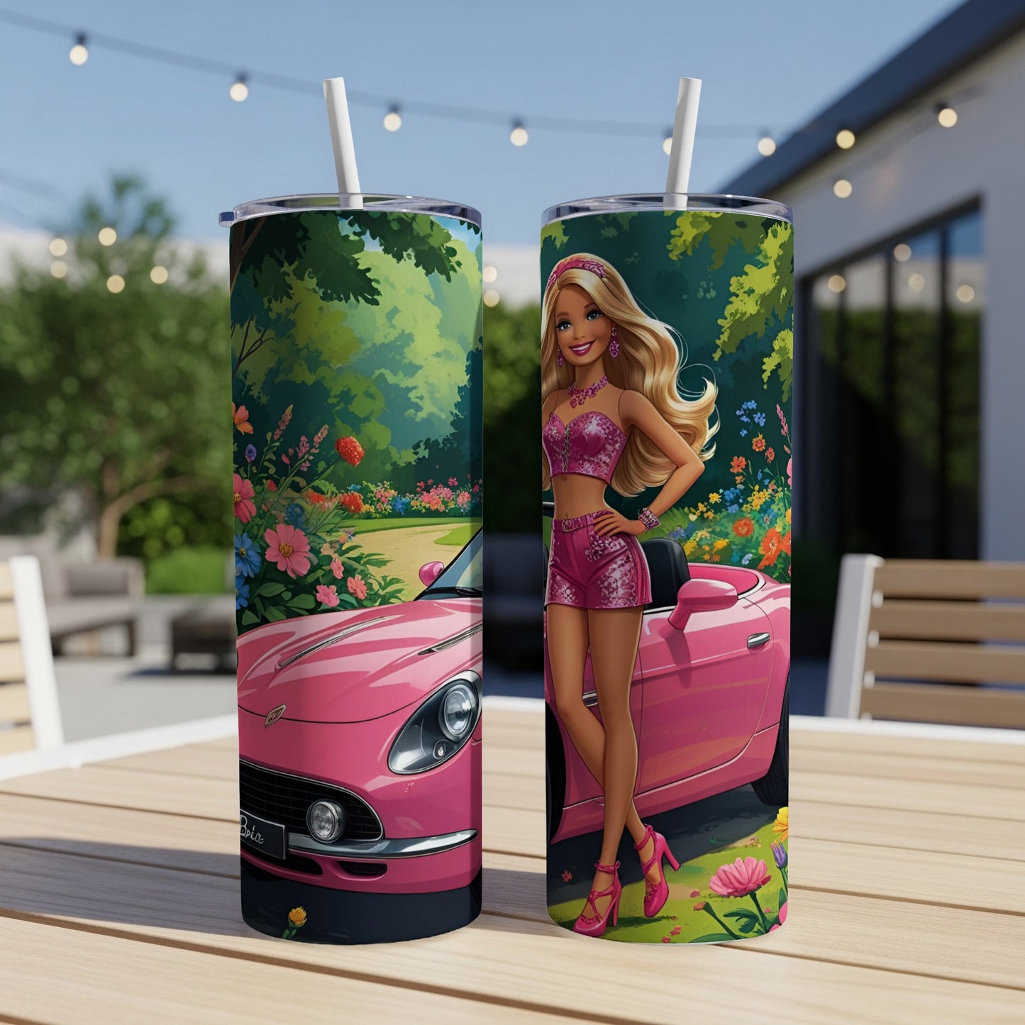 Barbie in pink outfit next to a pink convertible car, with flowers.