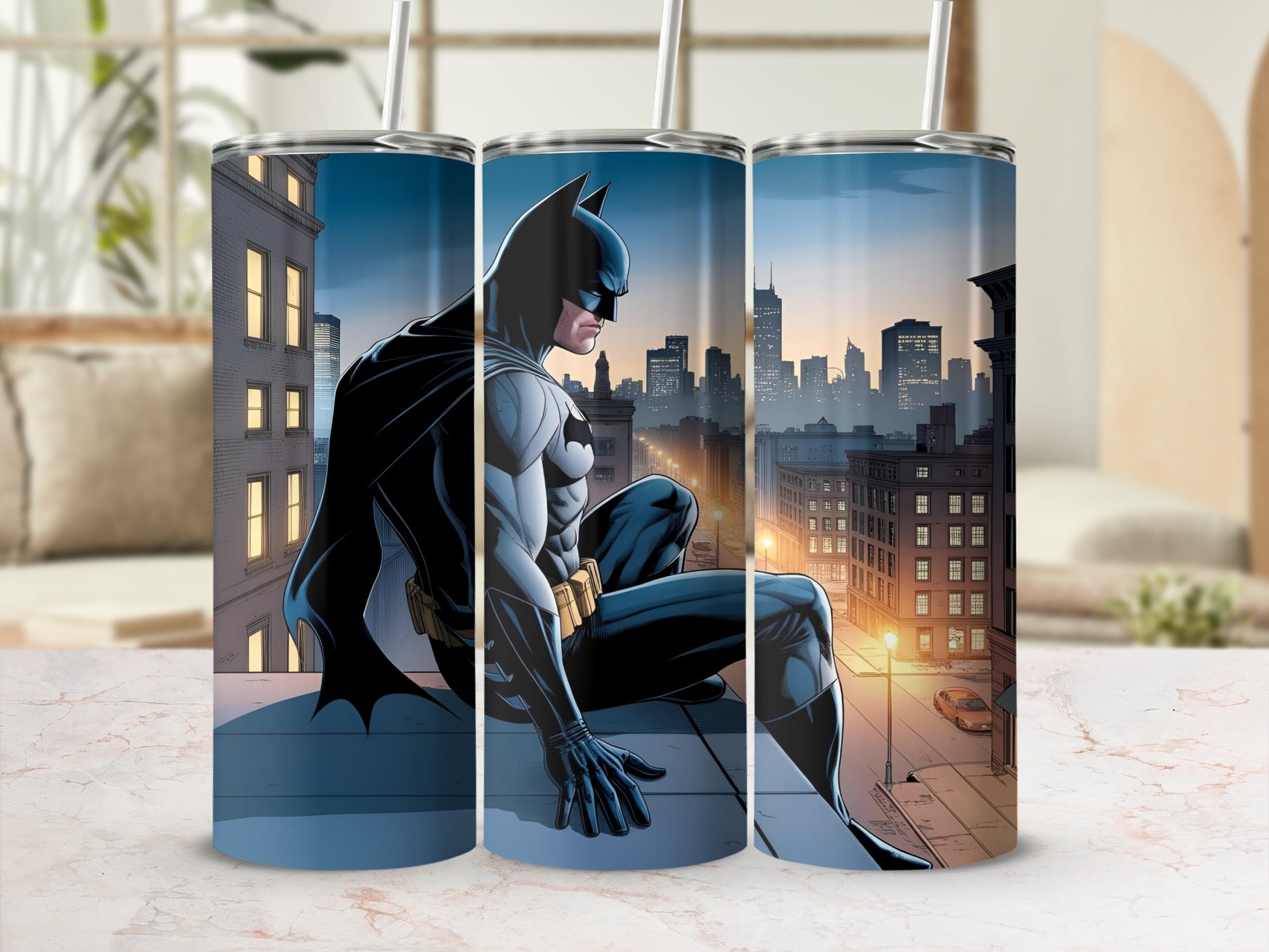 Batman sitting on a rooftop overlooking a city skyline at dusk.