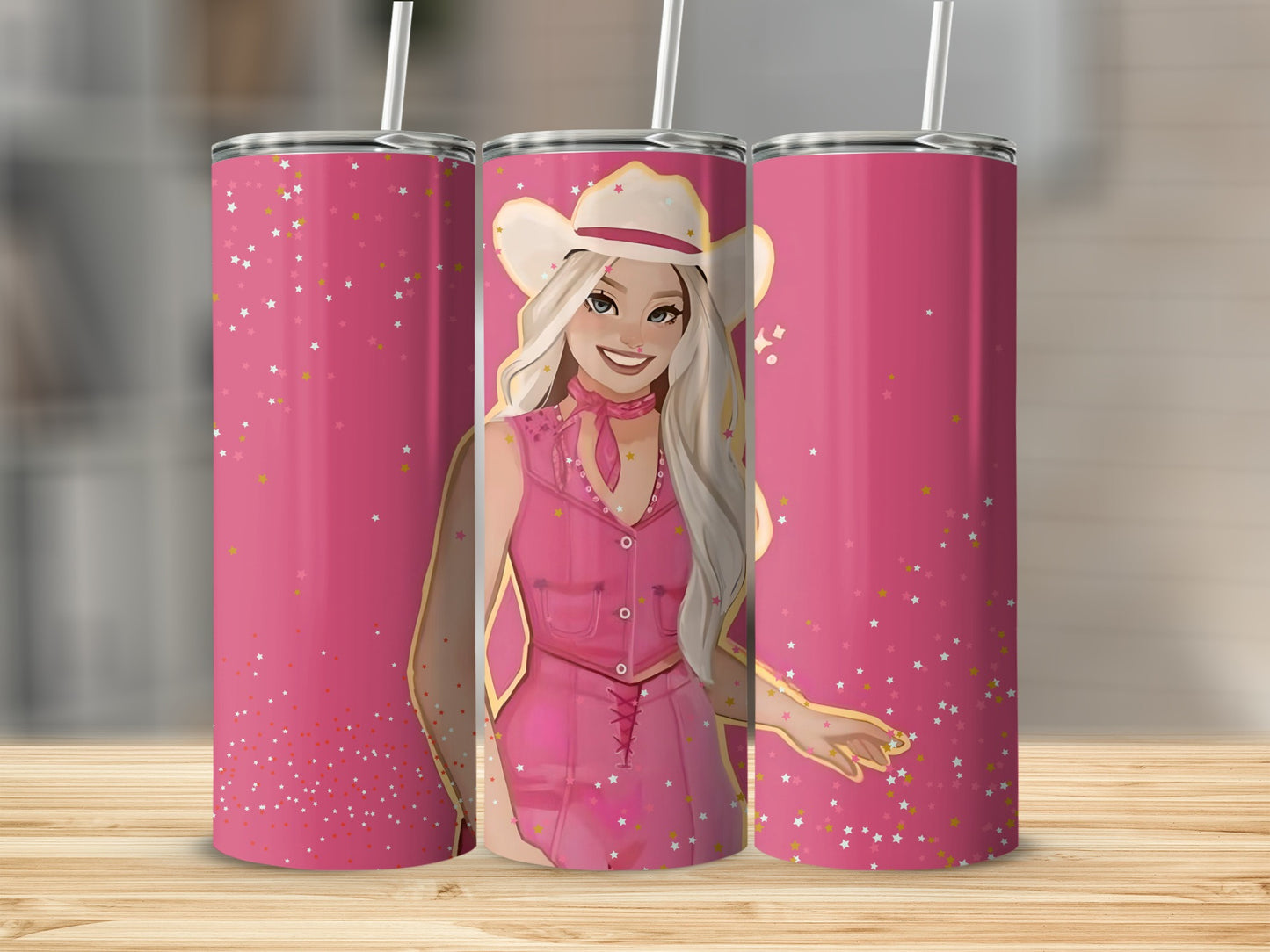 Blonde Cowgirl Starry Background With Pink Outfit Tumblers