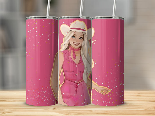 Blonde Cowgirl Starry Background With Pink Outfit Tumblers