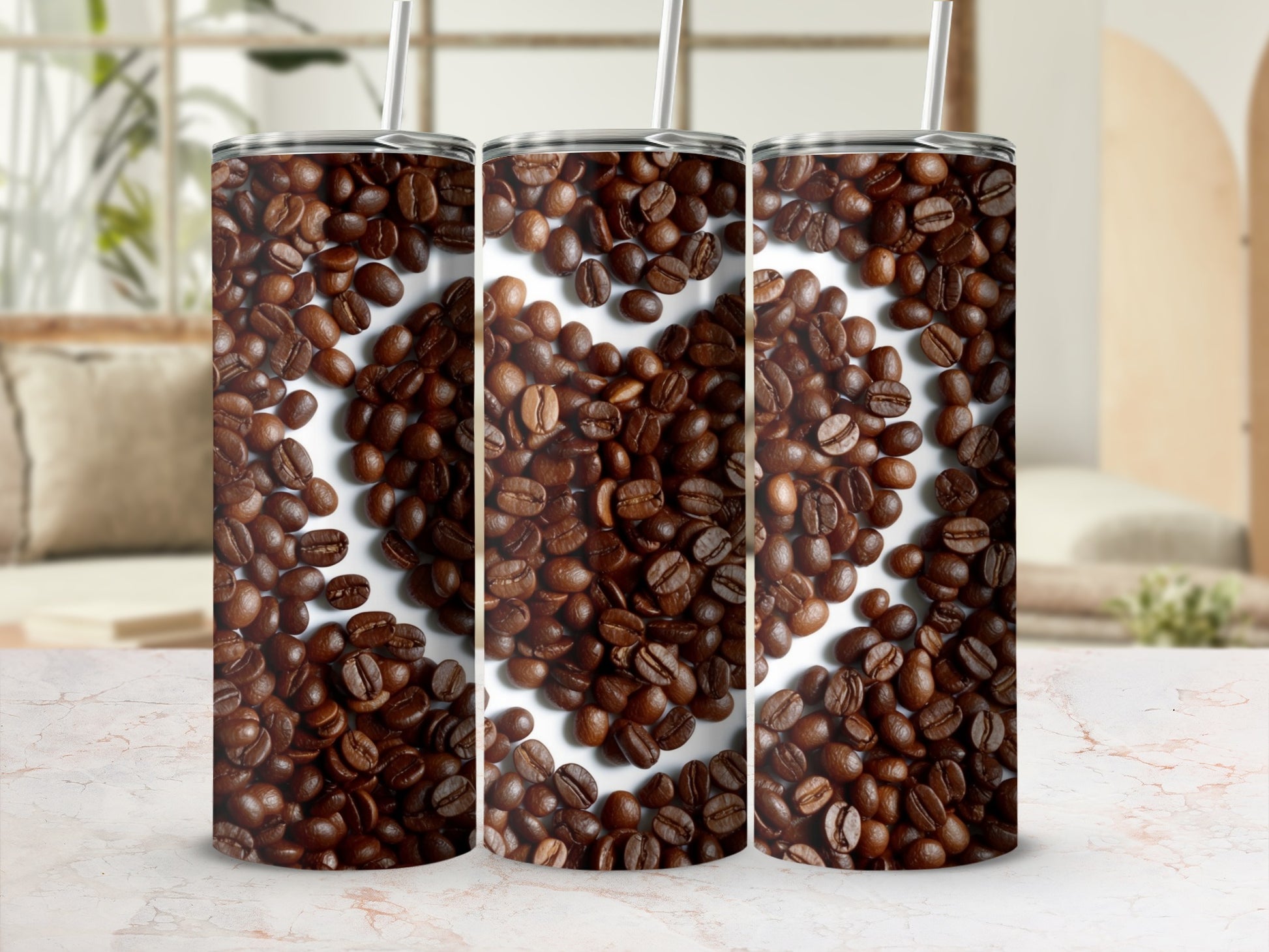 Three tumblers featuring a heart shape made of coffee beans.