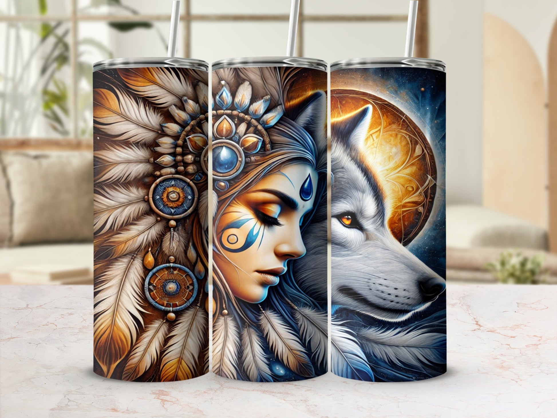 Native American Feather Wolf Design Tumbler