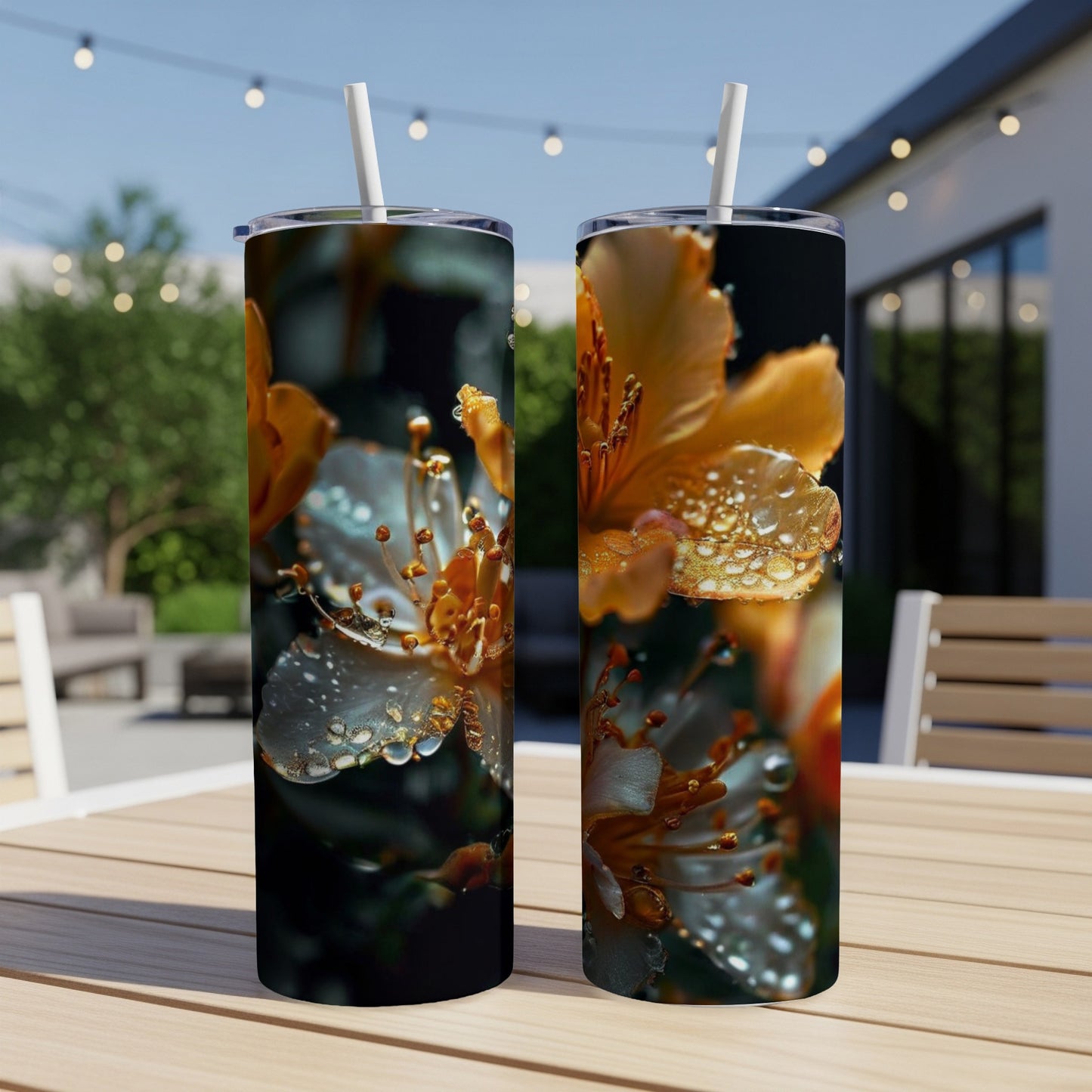 Two tumblers with orange flowers and water droplets on a wooden table.