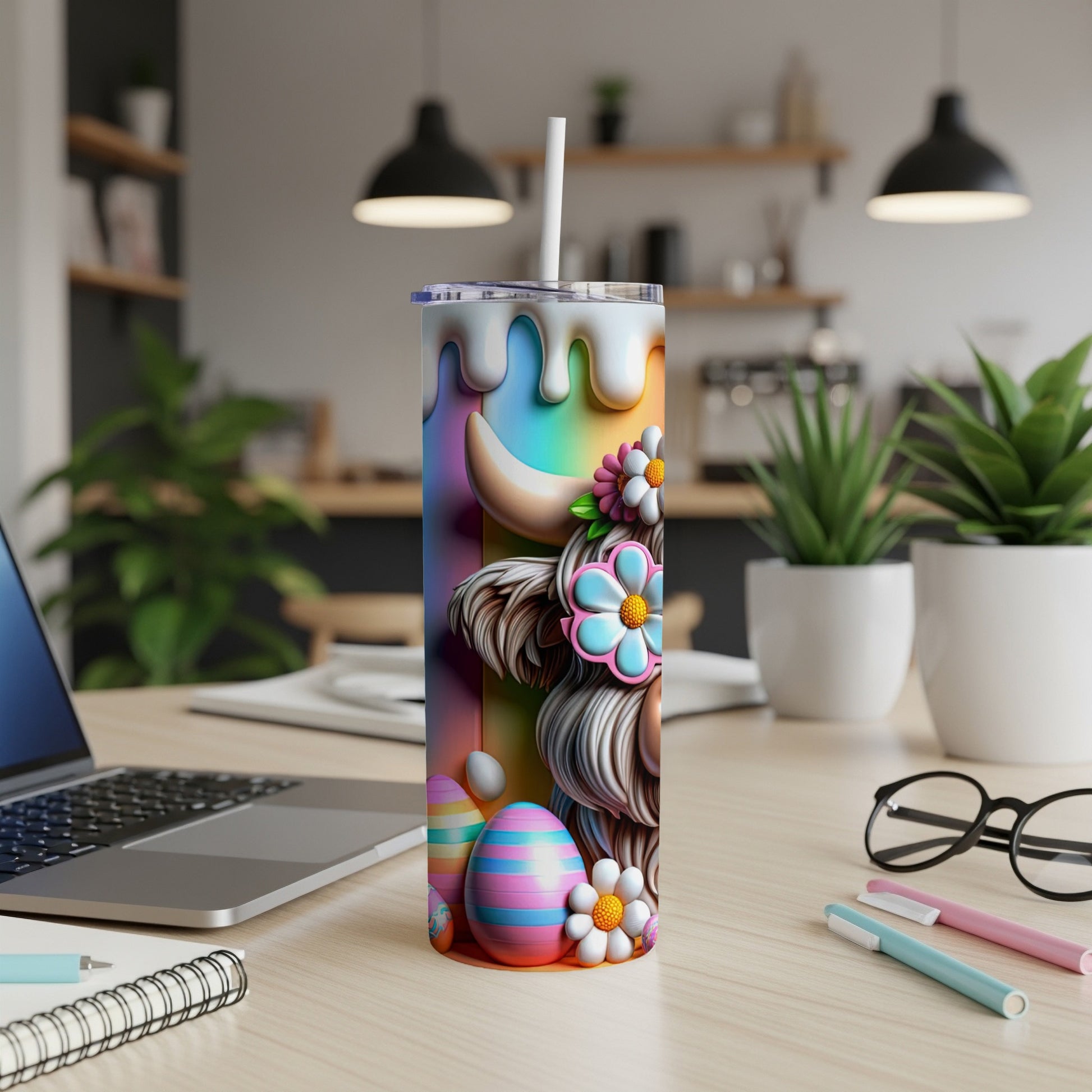 Rainbow cow tumbler with Easter eggs and flowers.
