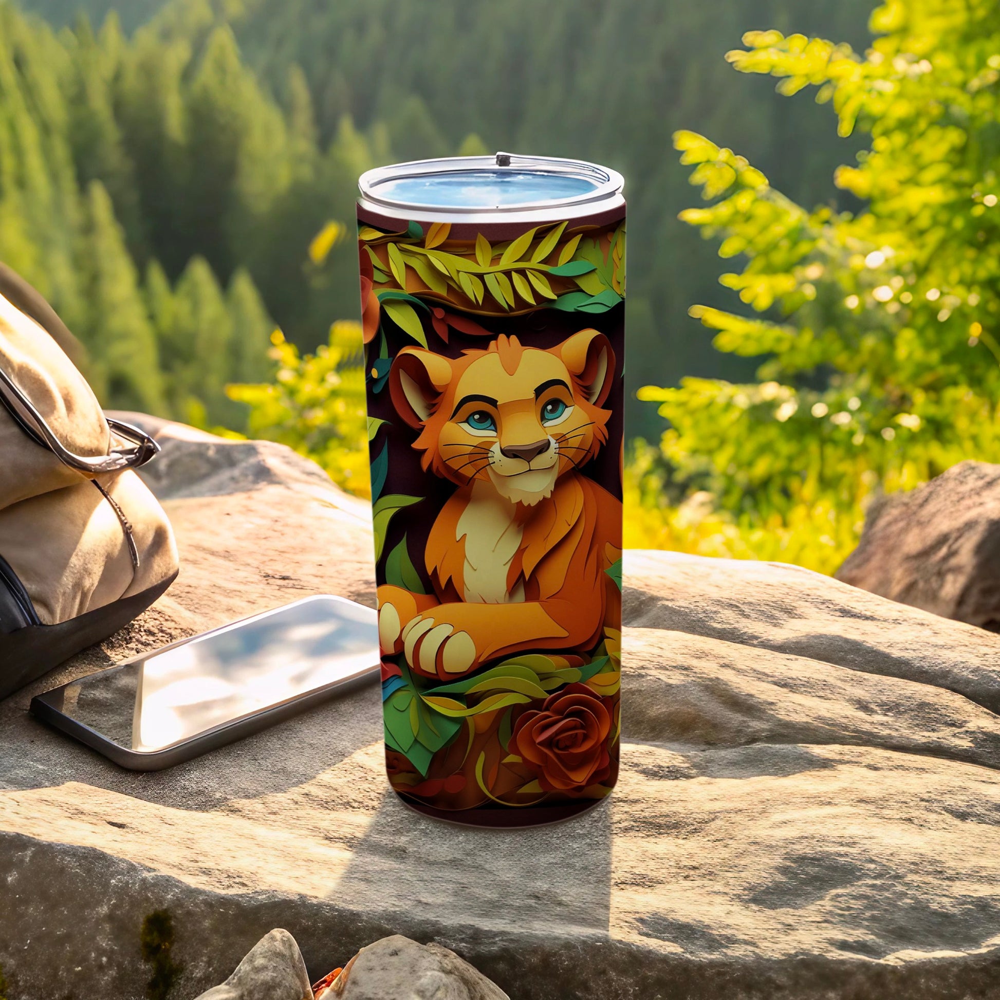 Colorful Cartoon Lion and Leaves Tumbler Product