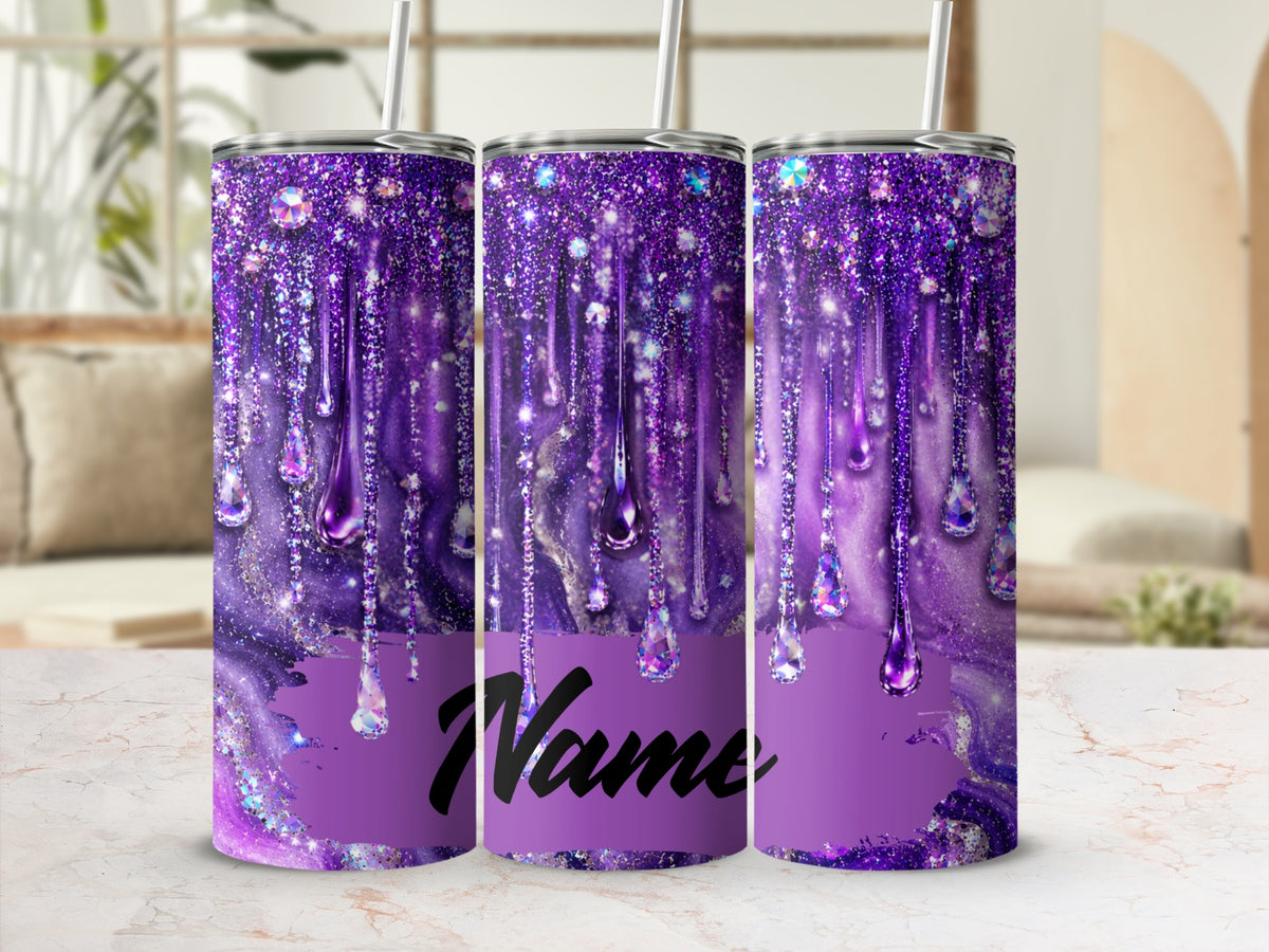 Three purple glitter tumblers with dripping jewel design and "Name" text.