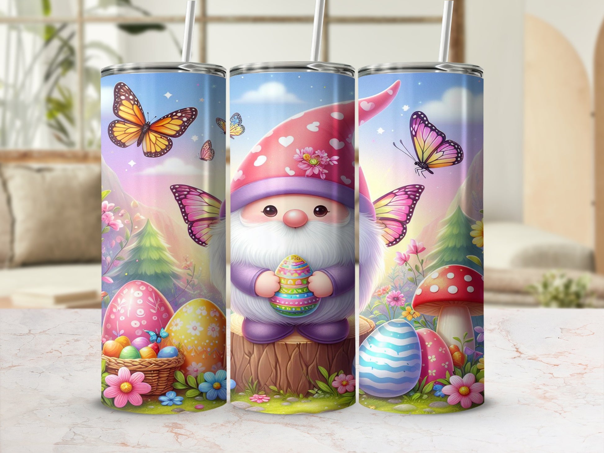 Gnome holding Easter egg with butterflies and mushrooms.