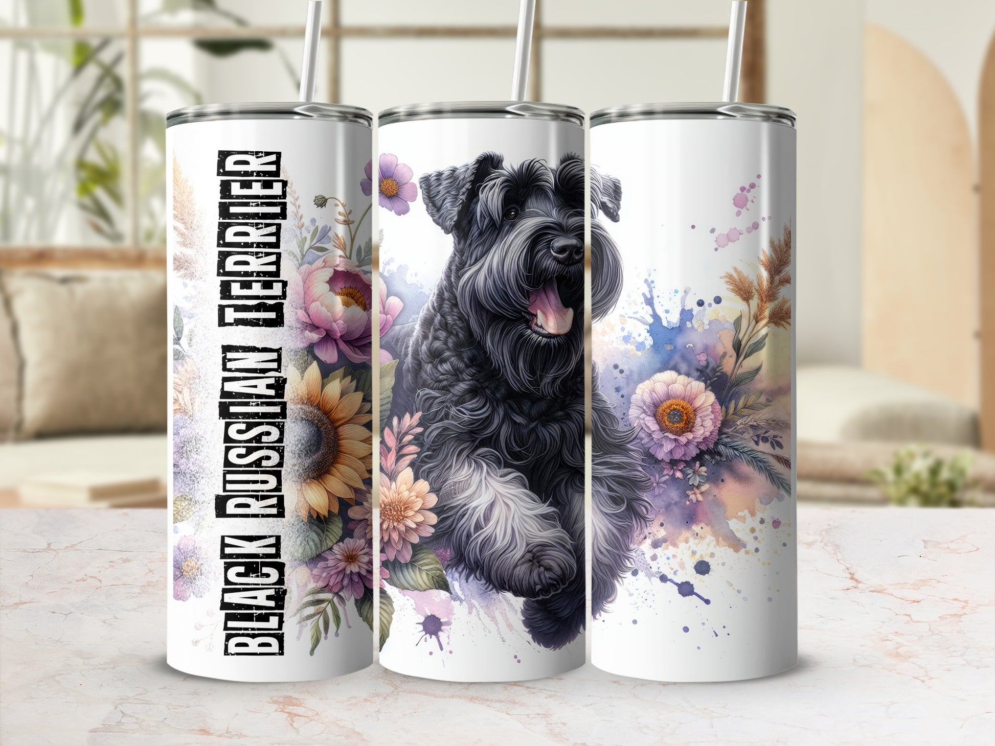Black Russian Terrier illustration with floral watercolor splashes on a tumbler.
