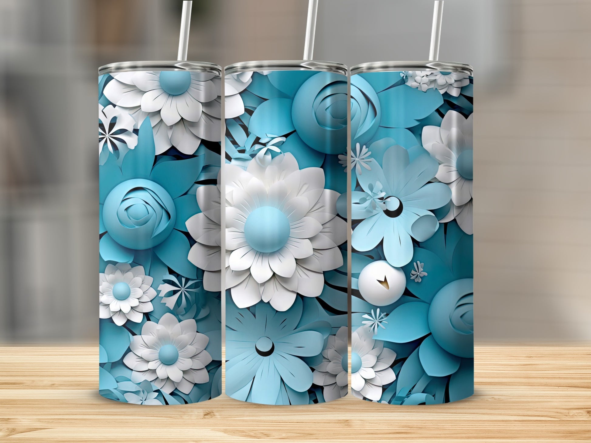 Blue and White Floral Pattern Insulated Tumbler