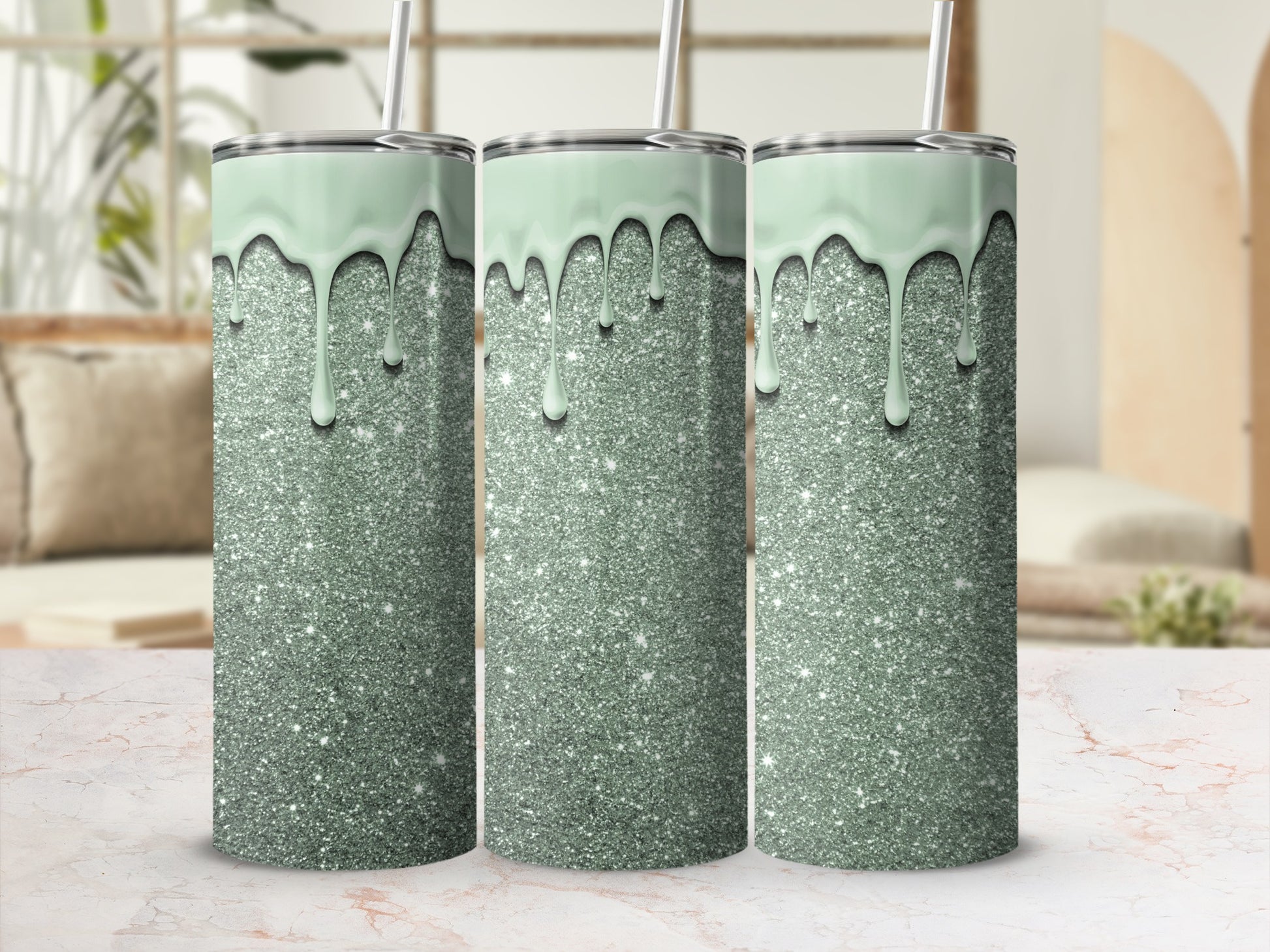 Glitter Drip Tumbler with Mint Green Accent Design