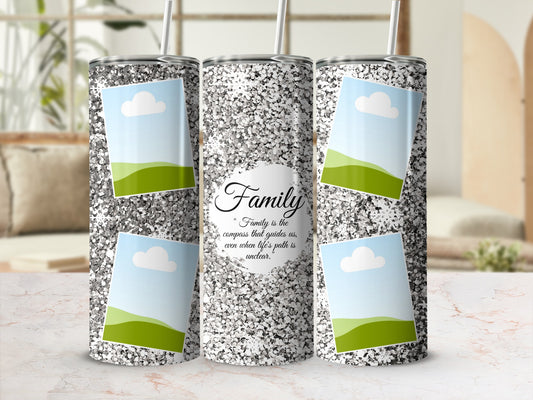 Glittery tumblers with photo frames and the quote "Family is the compass."