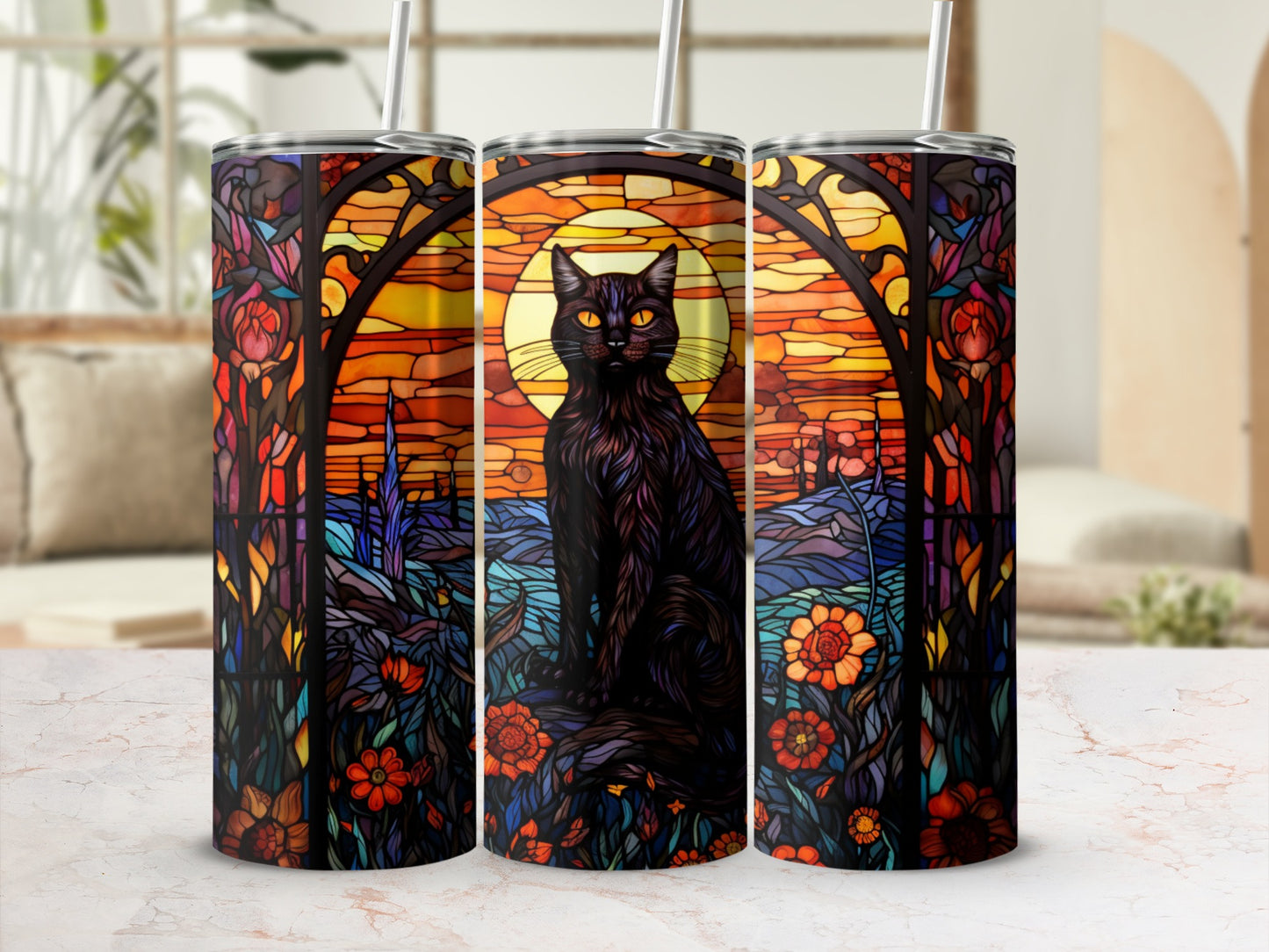 Black cat with yellow eyes on a stained-glass background of flowers and sunset.