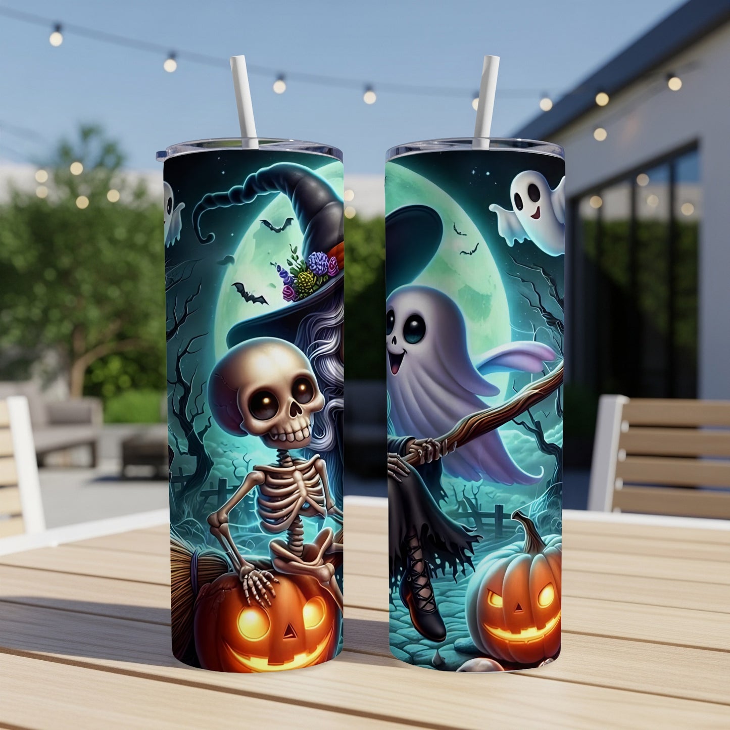 Two tumblers with Halloween designs of a skeleton and a ghost with pumpkins.