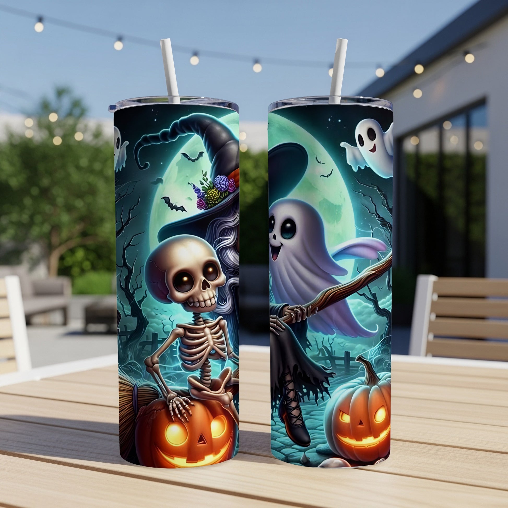 Two tumblers with Halloween designs of a skeleton and a ghost with pumpkins.