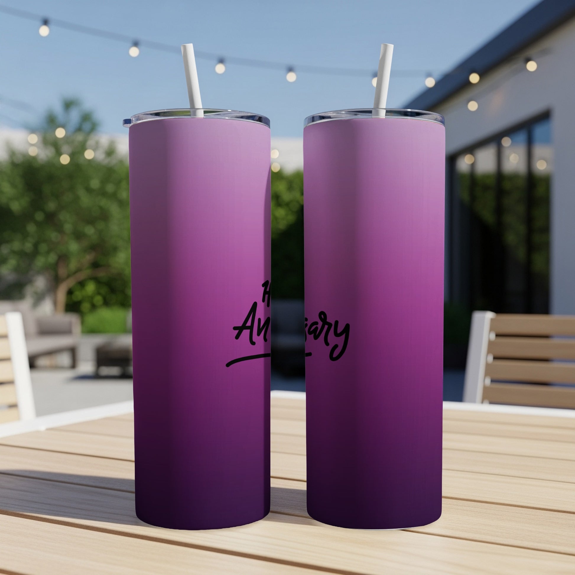 Two purple gradient tumblers with "Happy Anniversary" text.