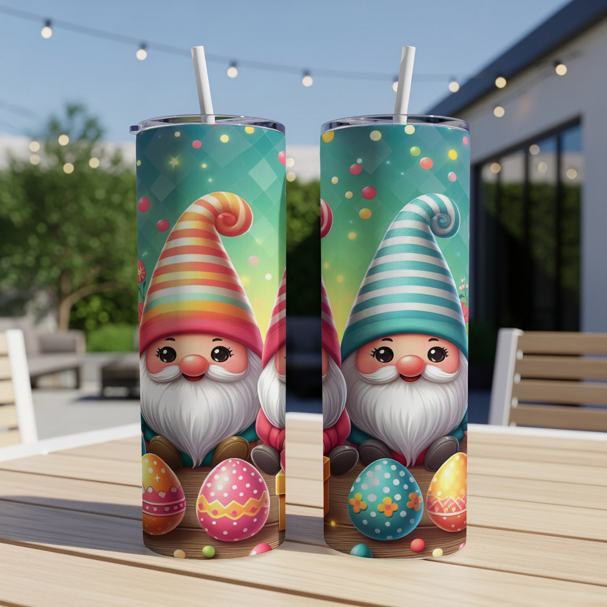 Two Easter gnomes with striped hats and decorated eggs on a table.