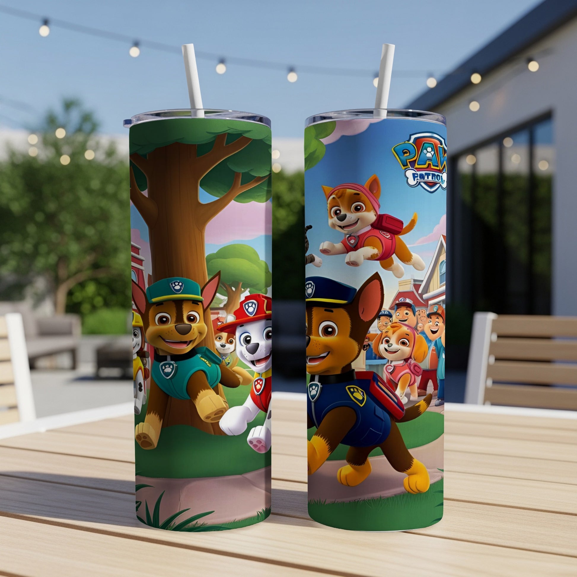 Paw Patrol characters on two tumblers with straw, outdoors scene background.