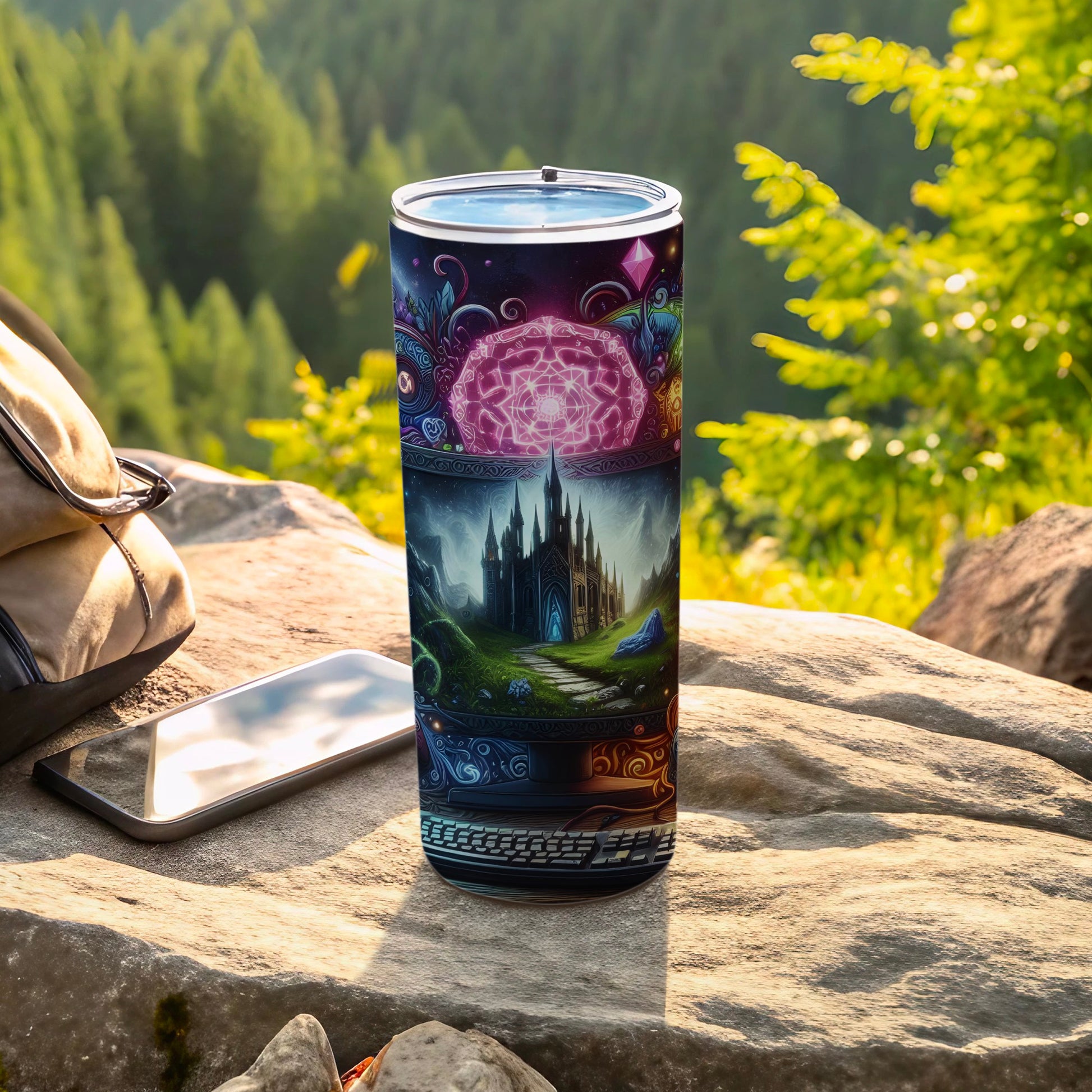 Tall tumbler with fantasy castle and cosmic art on textured background.