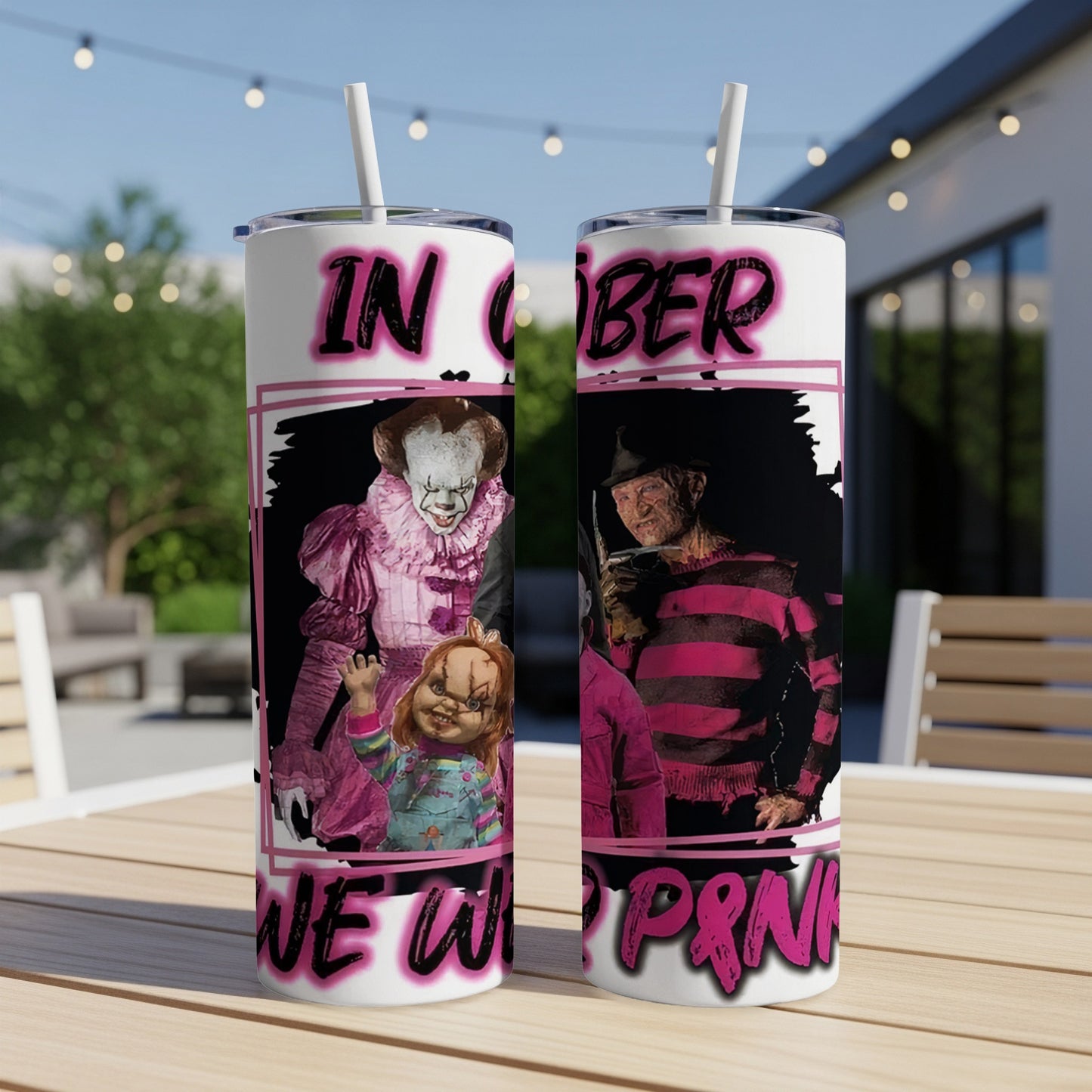 Two tumblers with horror characters and "IN OCTOBER WE WEAR PINK" text.