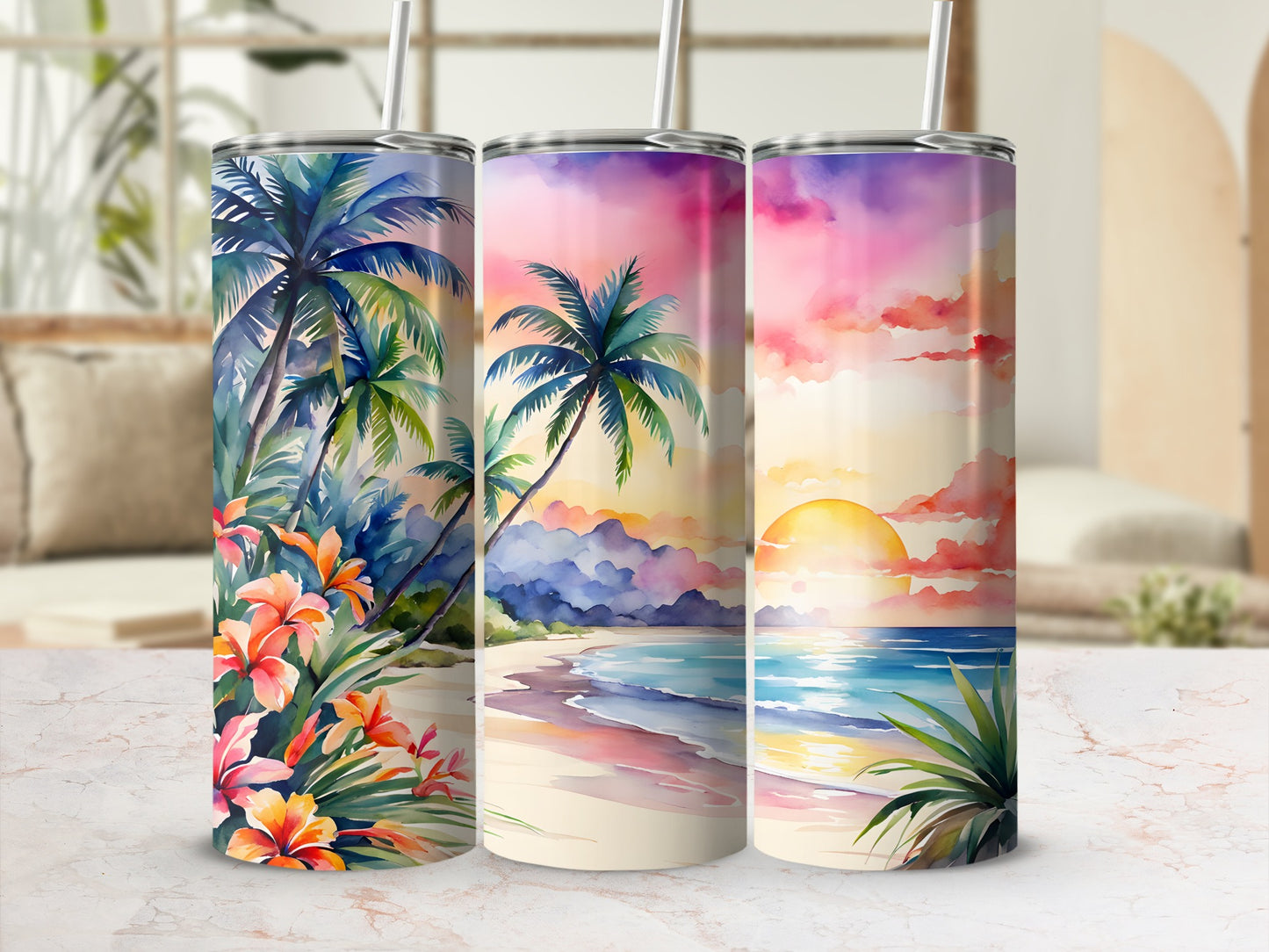 Three tumblers with tropical beach sunset and palm tree watercolor designs.