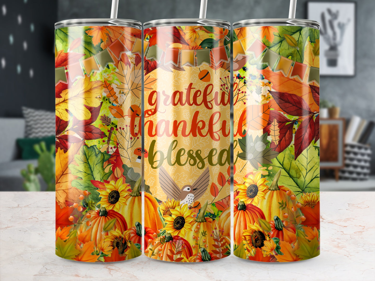 Autumn themed tumbler with sunflowers, pumpkins, leaves, and "grateful thankful blessed" text.