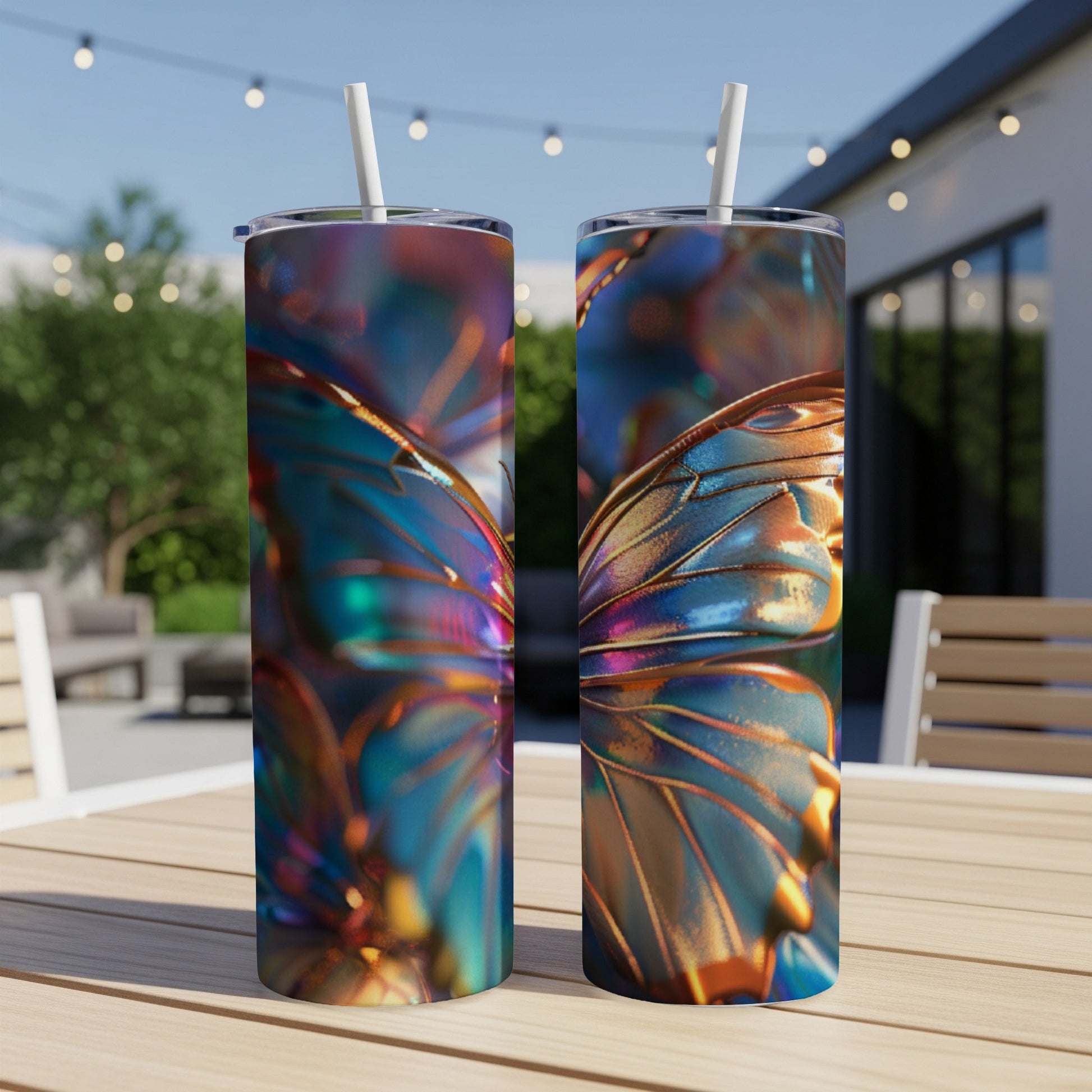 Two iridescent butterfly wing pattern tumblers on a wooden table.
