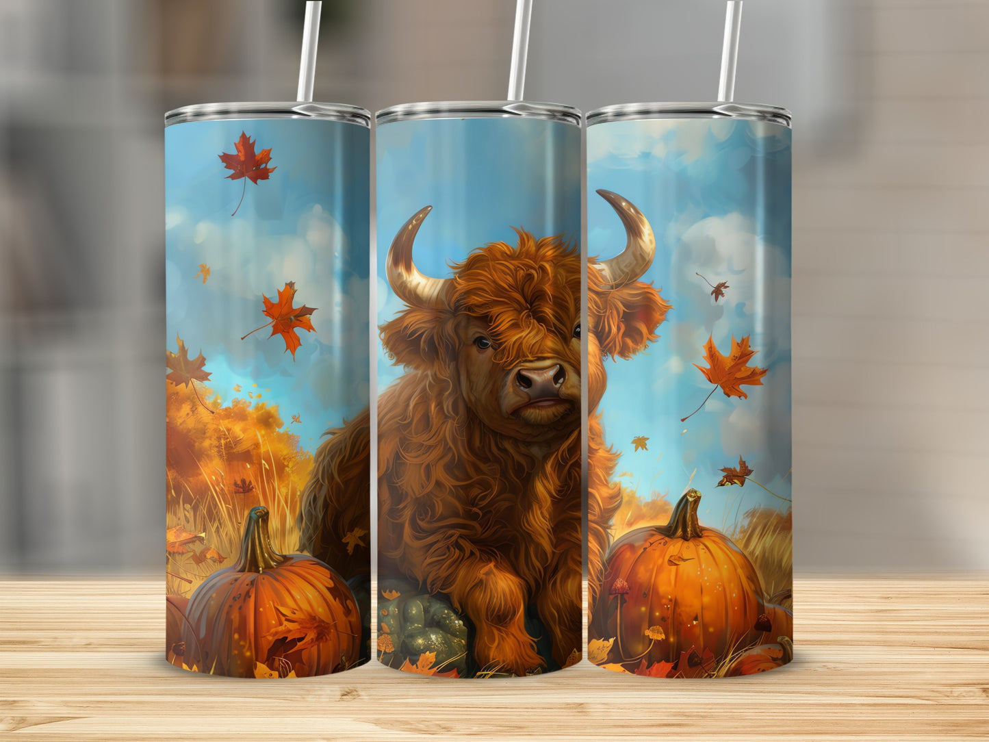 Adorable Highland Cow and Pumpkins Tumbler Design