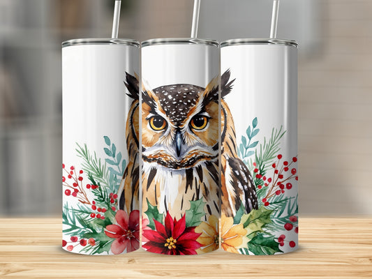 Watercolor owl with festive greenery and flowers wraps around three white tumblers.