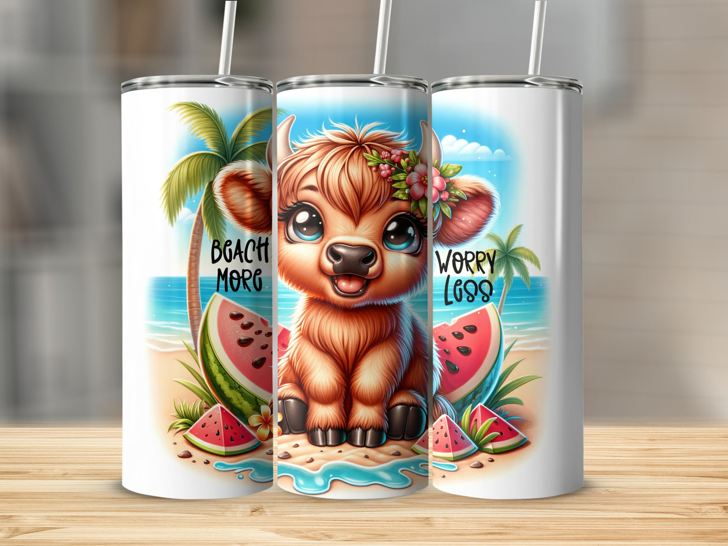 Highland cow with watermelon on a beach, "BEACH MORE WORRY LESS".