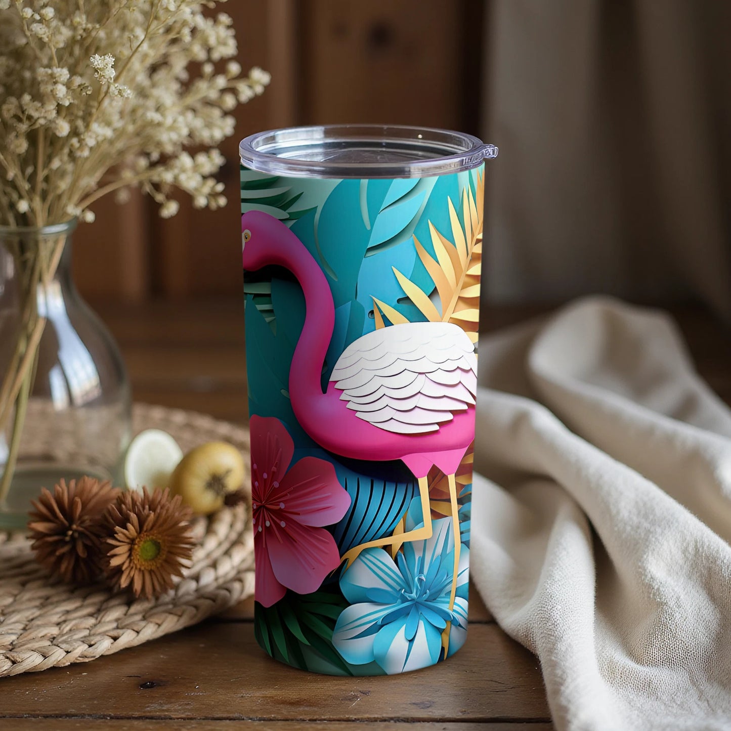 Tropical Flamingo and Hibiscus Design Tumbler