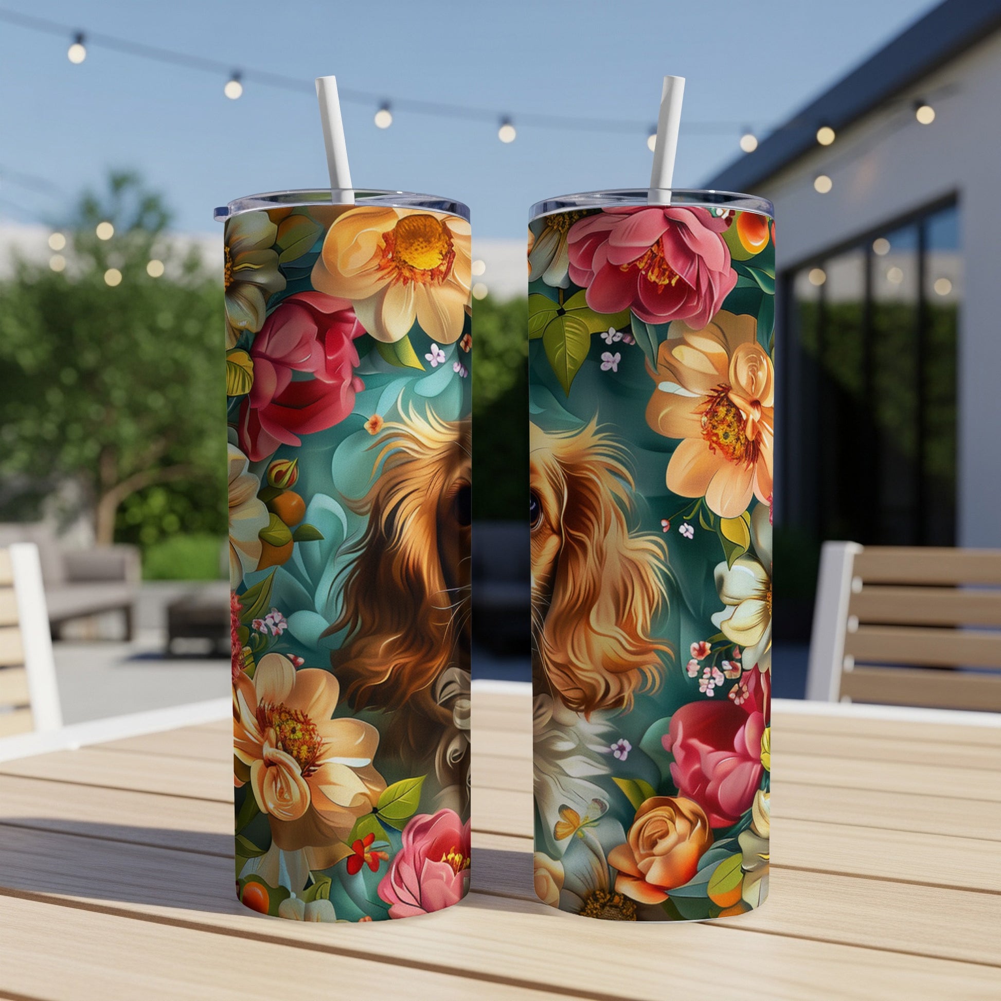Two tumblers featuring a detailed lion portrait surrounded by vibrant floral art.