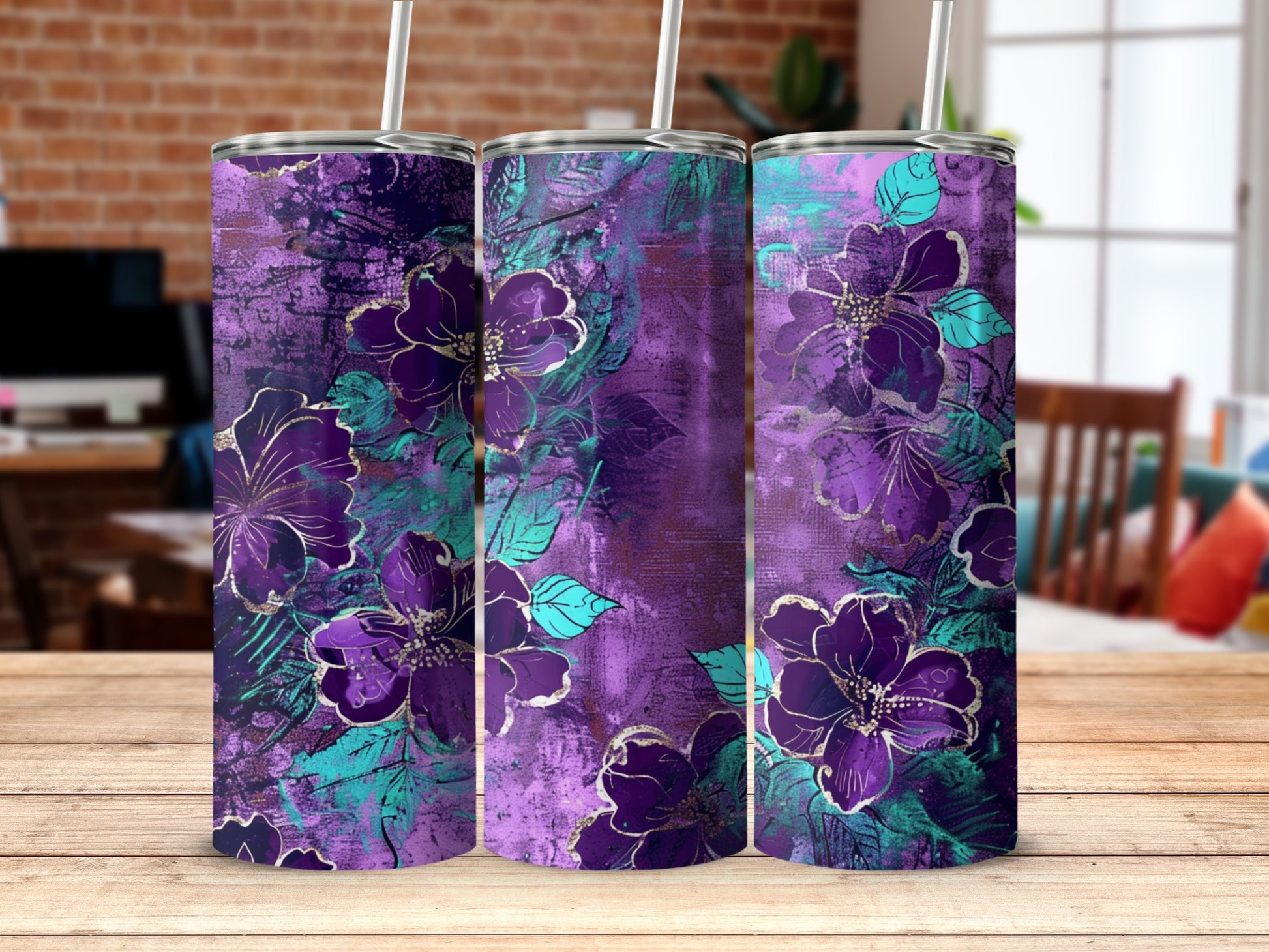 Purple Floral Pattern Tumbler Cup for Stylish Beverage