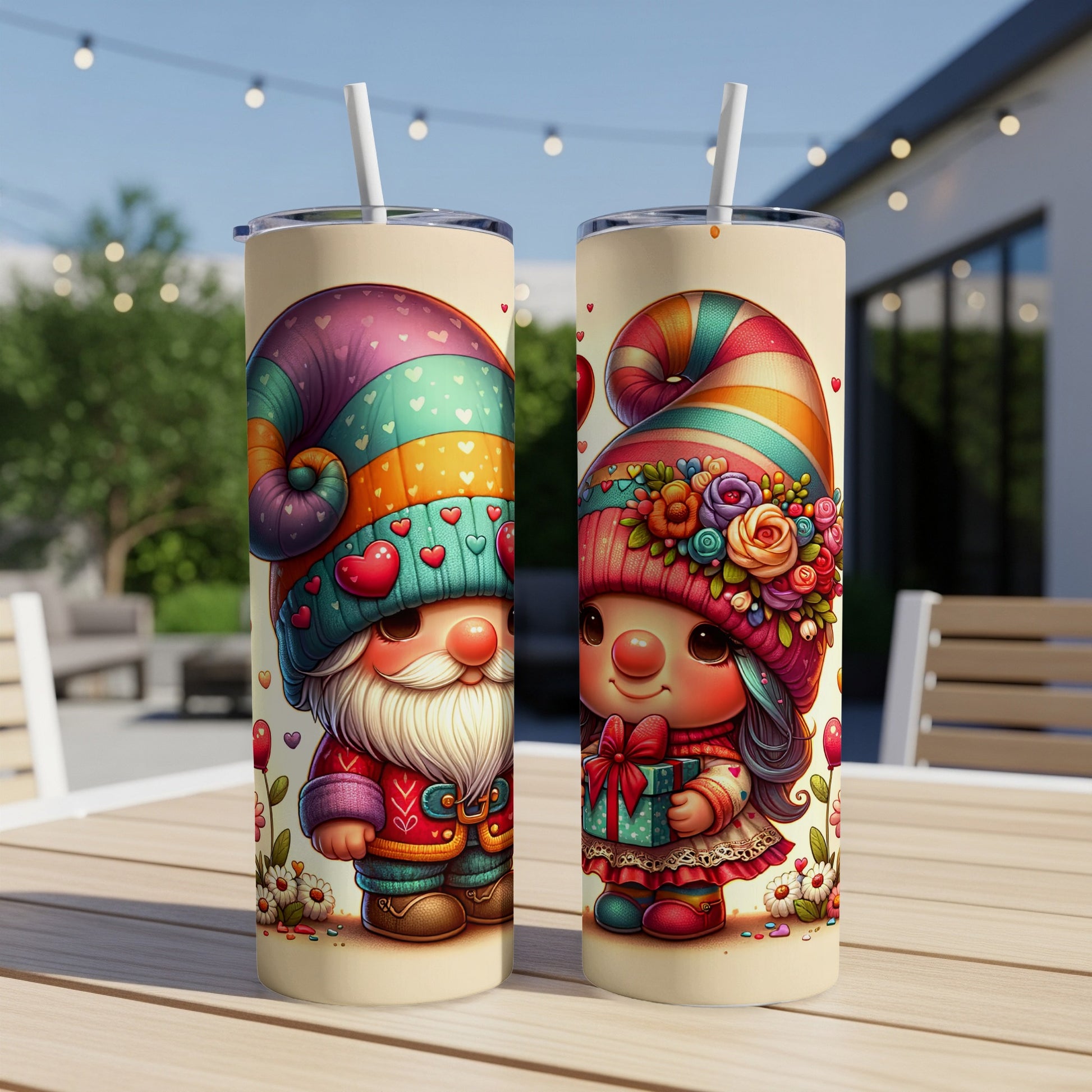 Two gnome tumblers with colorful hats, one holding a gift.