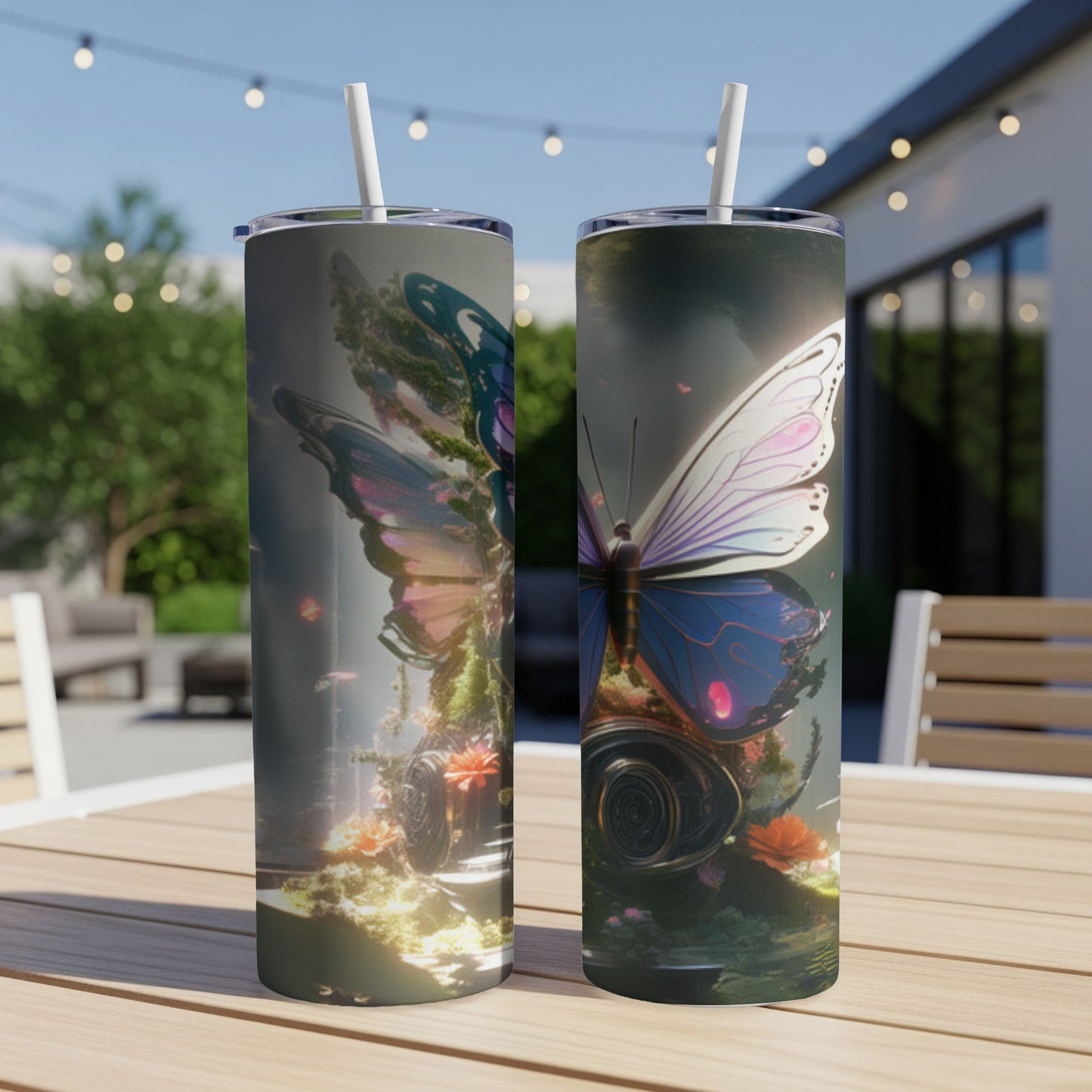 Two tumblers with iridescent butterfly and floral design, outdoors.