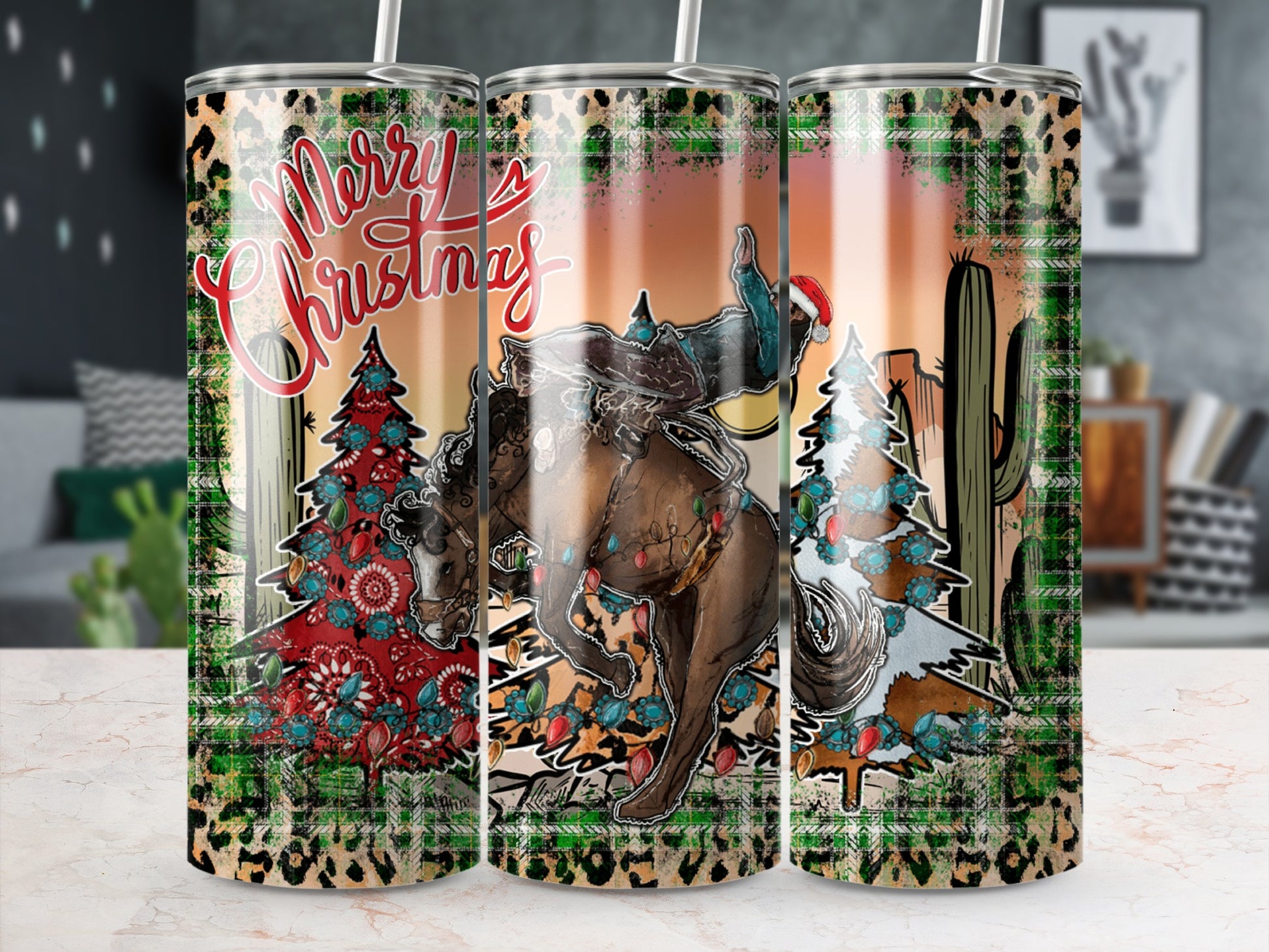 Merry Christmas tumbler with cowboy, horse, trees, and festive print.