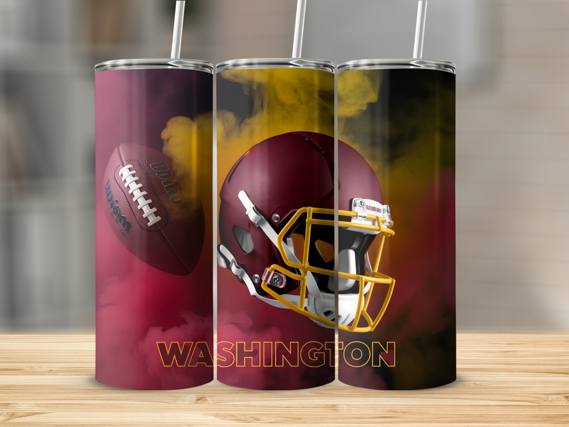 Washington Commanders helmet and football with red and yellow smoke.