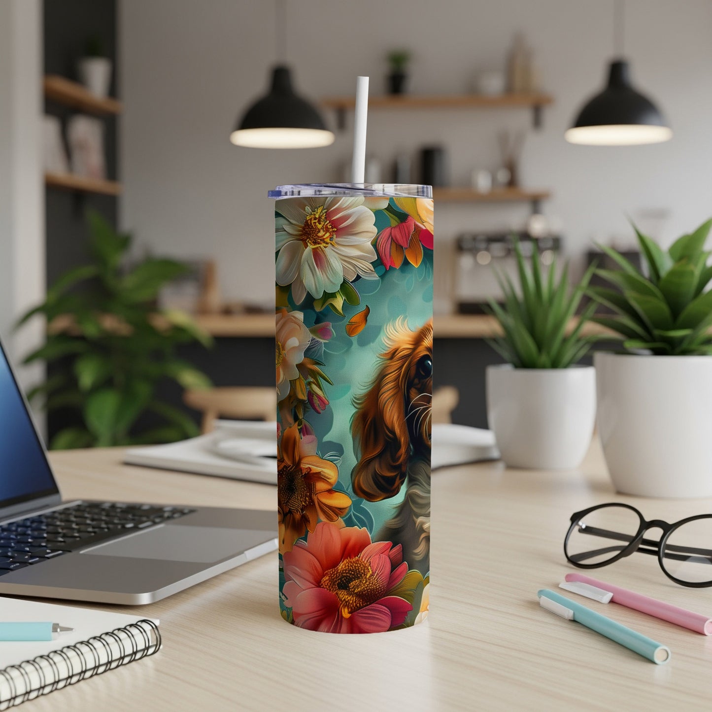 Golden retriever puppy and colorful flowers on a floral tumbler with straw.