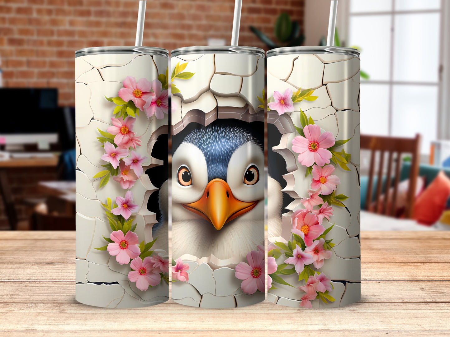 Cute Penguin Cracked Shell Design Pink Flowers product type