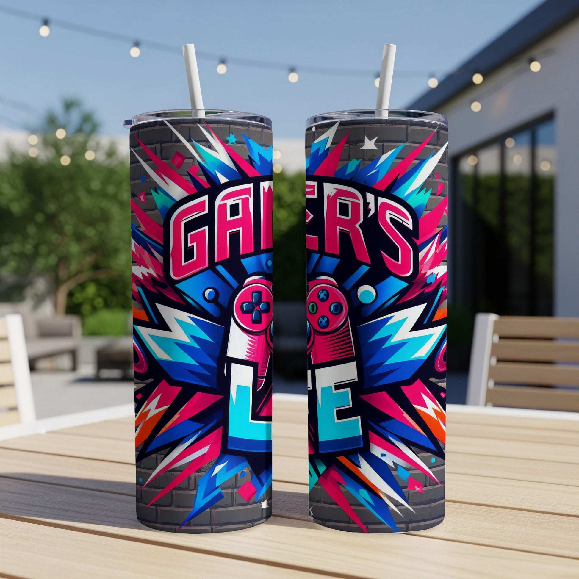 Two tumblers with "Gamer's Life" text and pixelated controller graphics.
