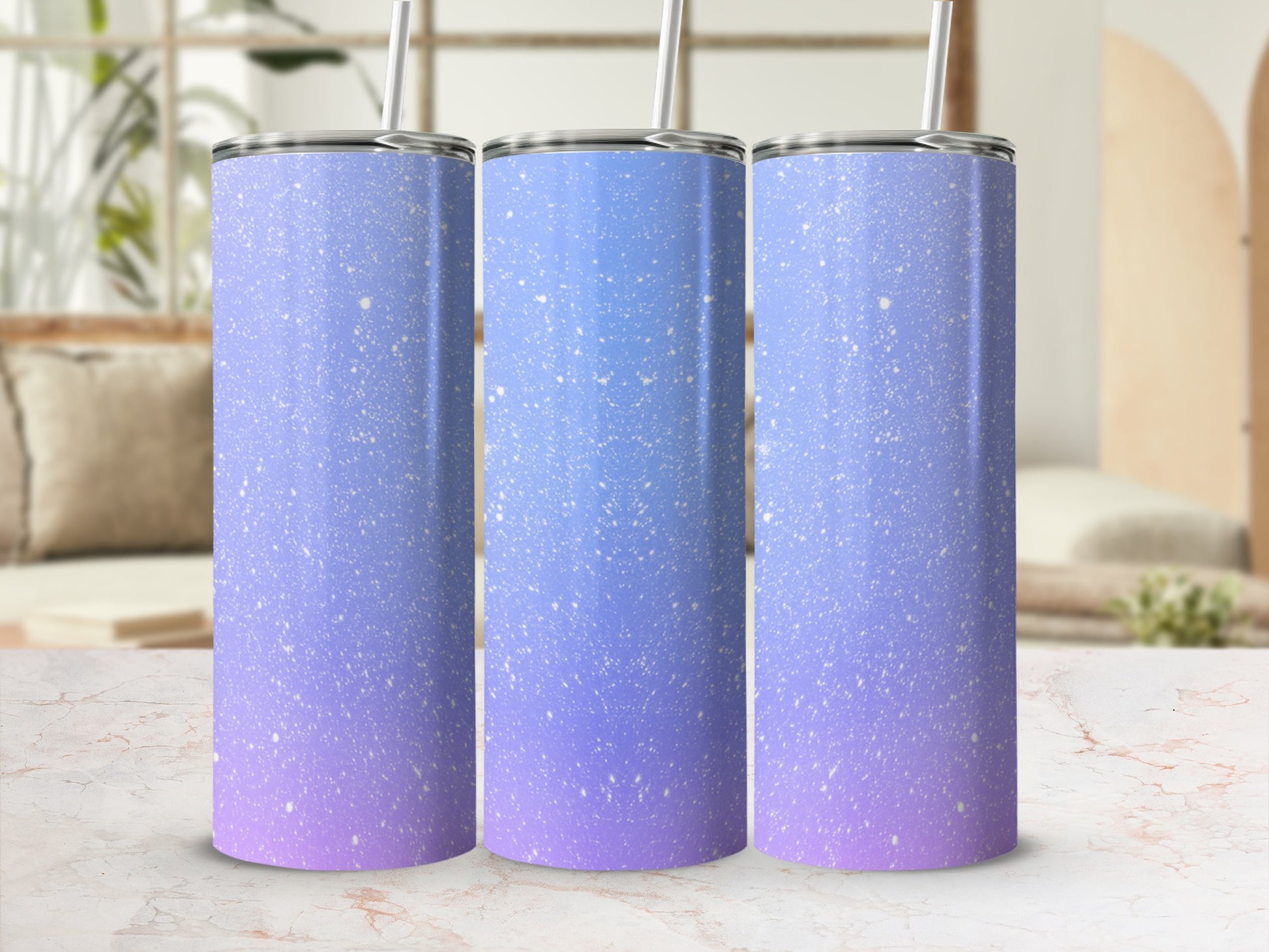 Three tall tumblers with a subtle speckled gradient from blue to purple.